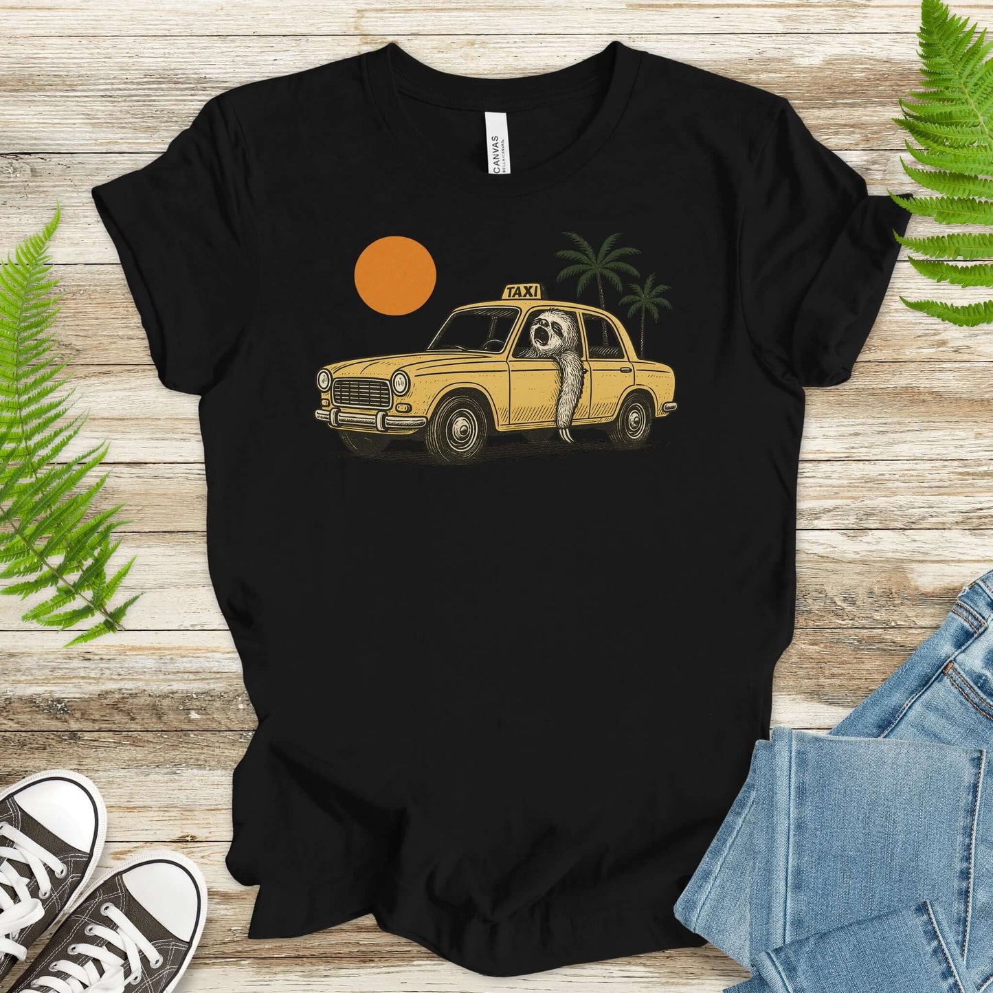 Sloth Taxi Driver T-Shirt – Funny Sloth Lover Shirt with Sunset & Palms