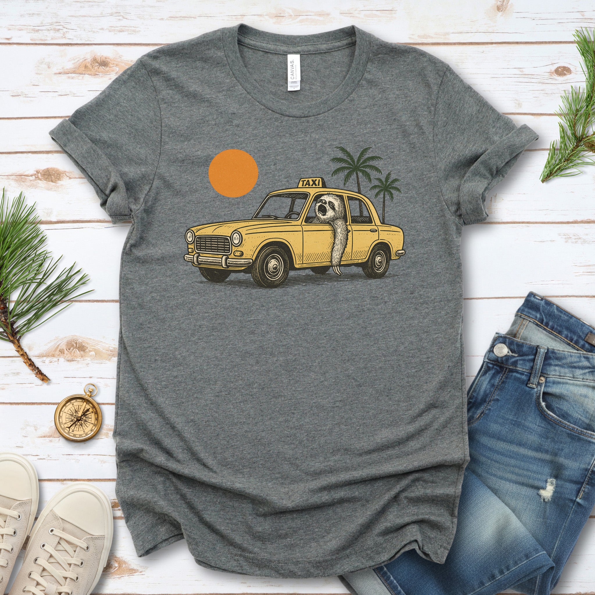 Sloth Taxi Driver T-Shirt – Funny Sloth Lover Shirt with Sunset & Palms