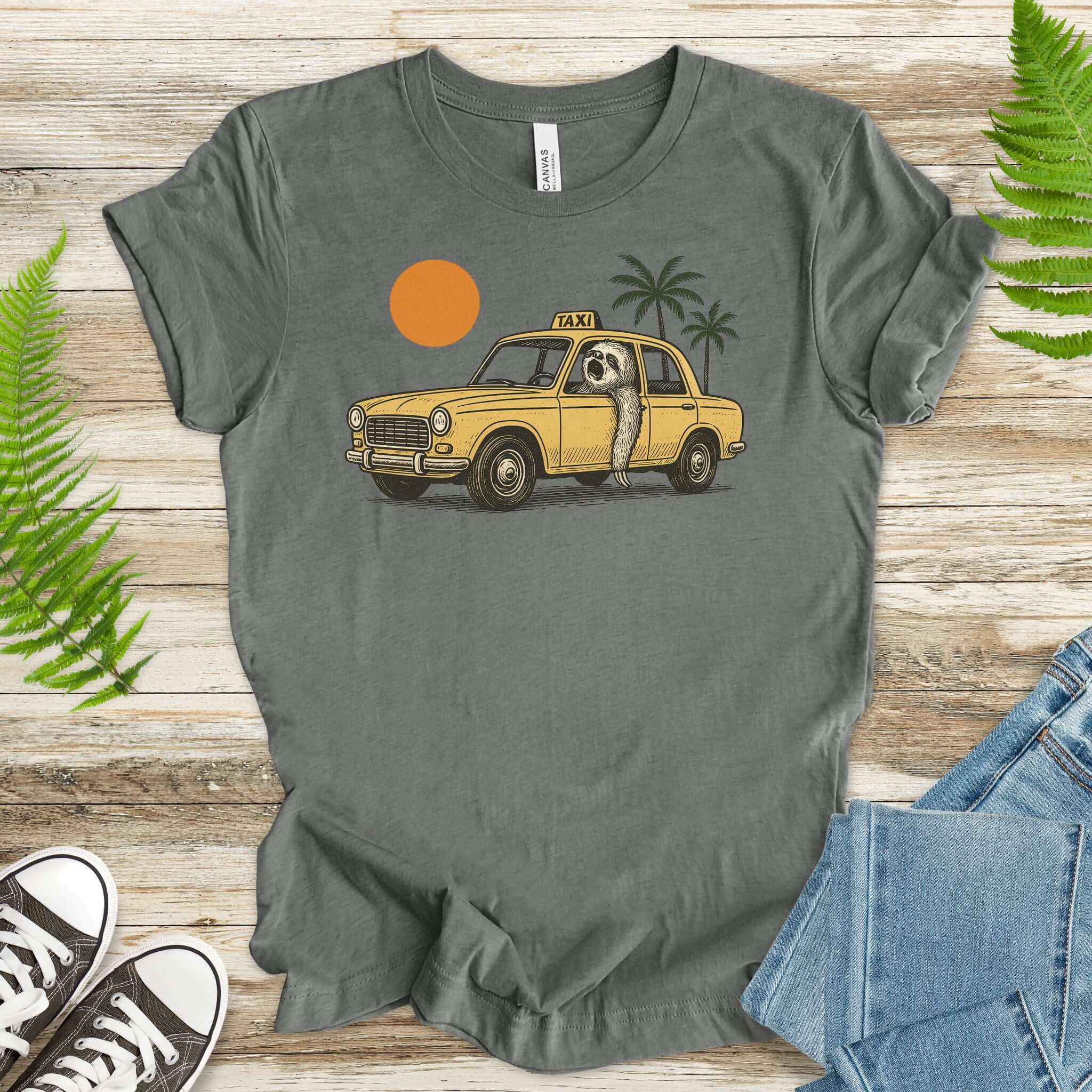 Sloth Taxi Driver T-Shirt – Funny Sloth Lover Shirt with Sunset & Palms