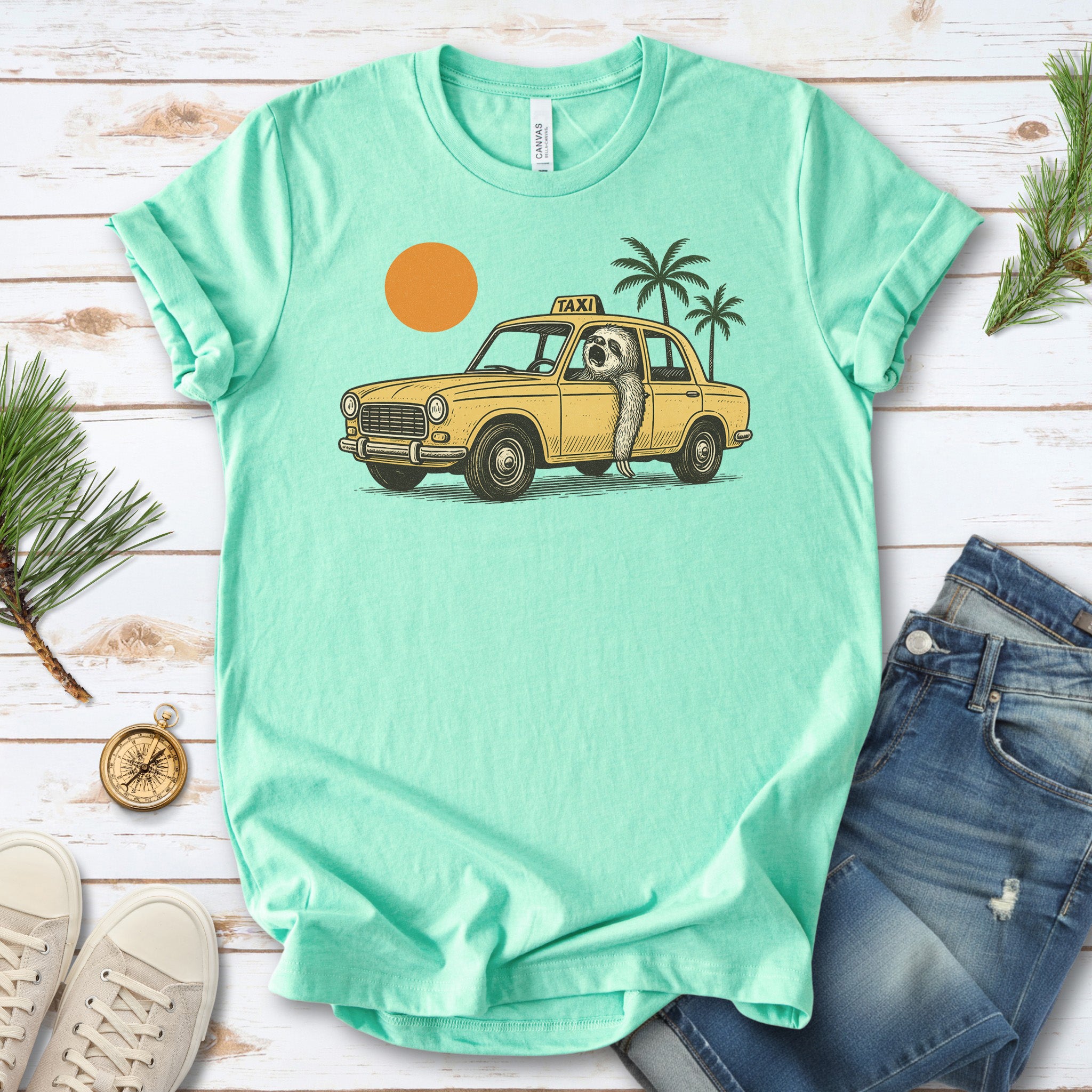 Sloth Taxi Driver T-Shirt – Funny Sloth Lover Shirt with Sunset & Palms