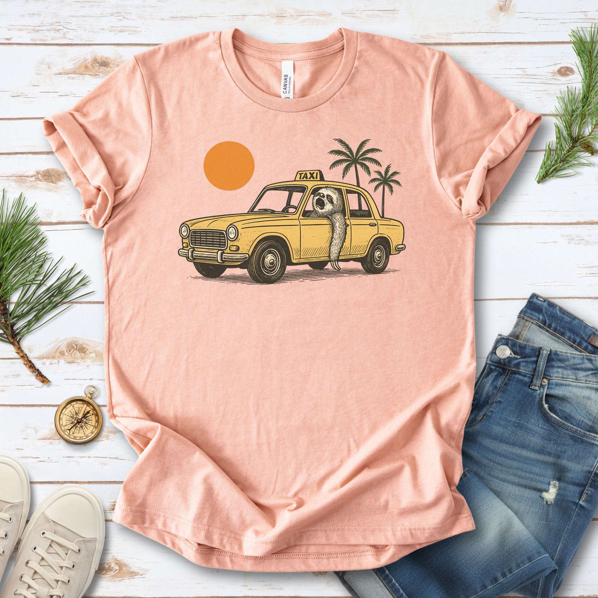 Sloth Taxi Driver T-Shirt – Funny Sloth Lover Shirt with Sunset & Palms