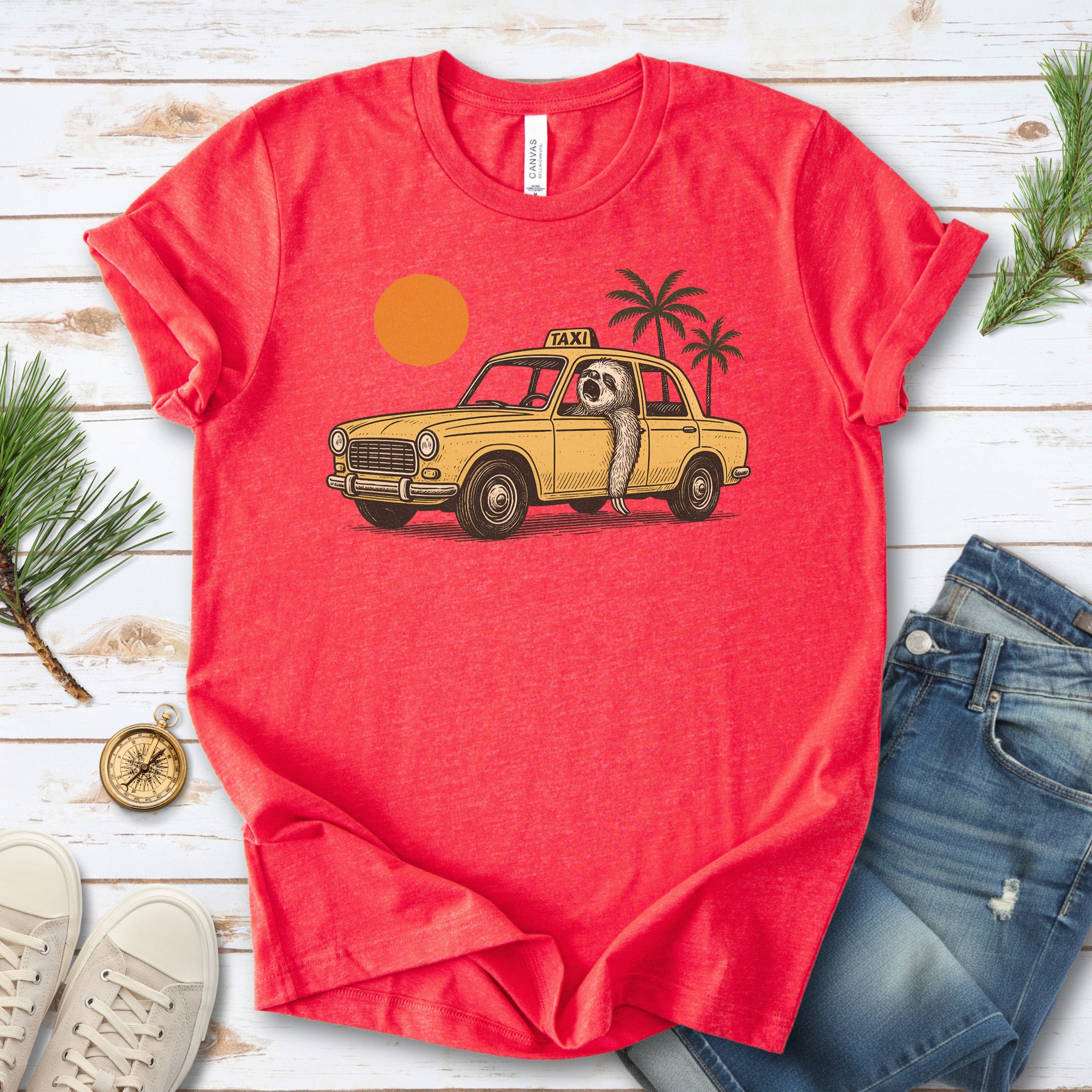 Sloth Taxi Driver T-Shirt – Funny Sloth Lover Shirt with Sunset & Palms