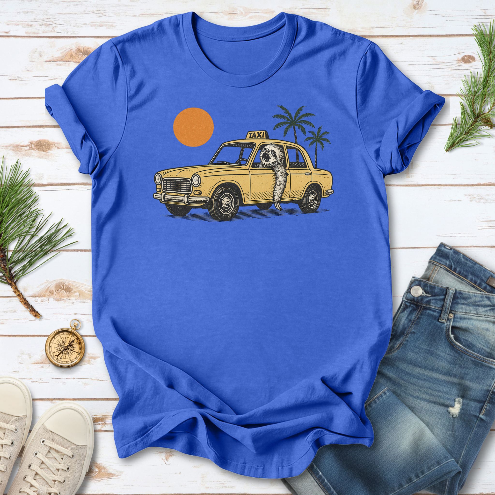 Sloth Taxi Driver T-Shirt – Funny Sloth Lover Shirt with Sunset & Palms