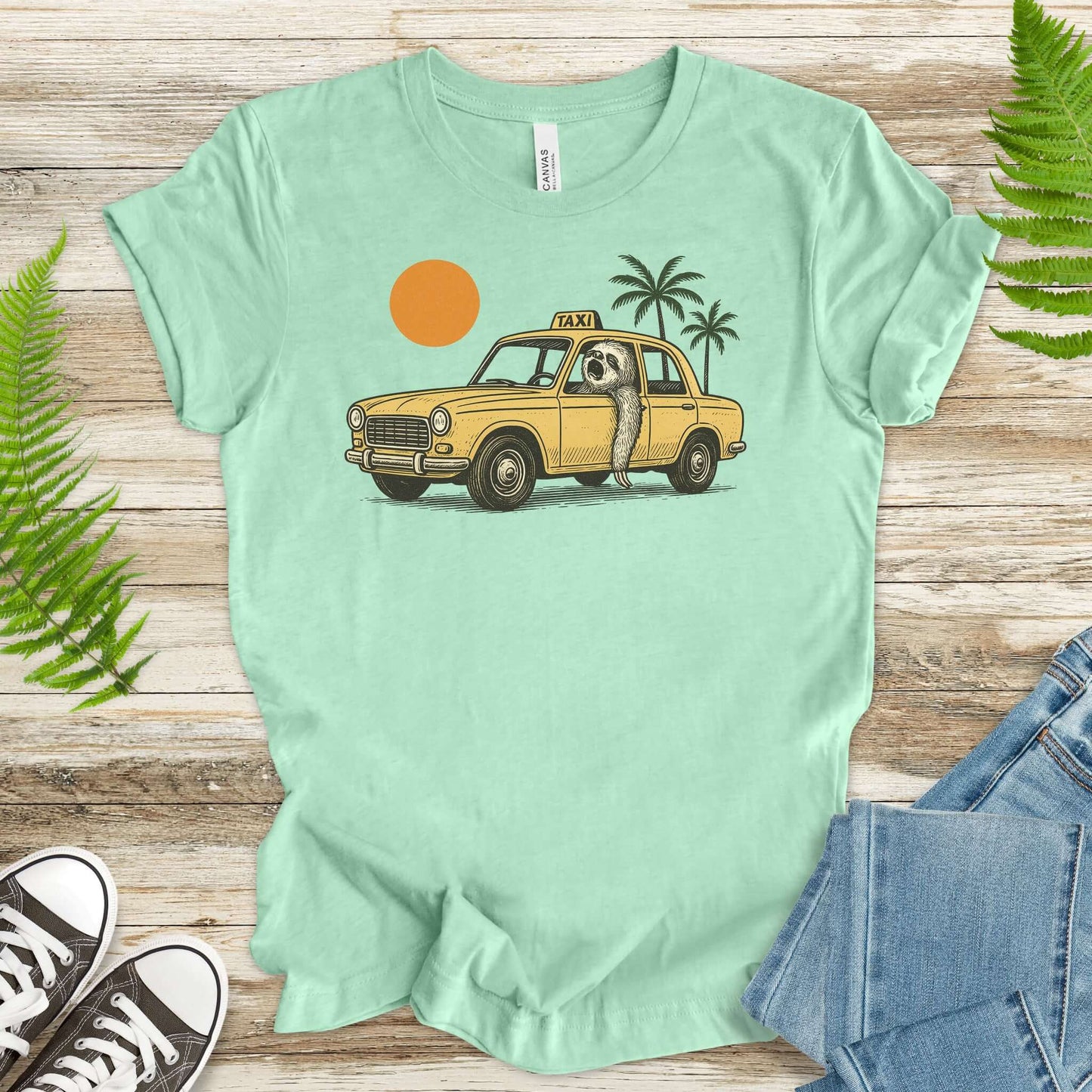Sloth Taxi Driver T-Shirt – Funny Sloth Lover Shirt with Sunset & Palms
