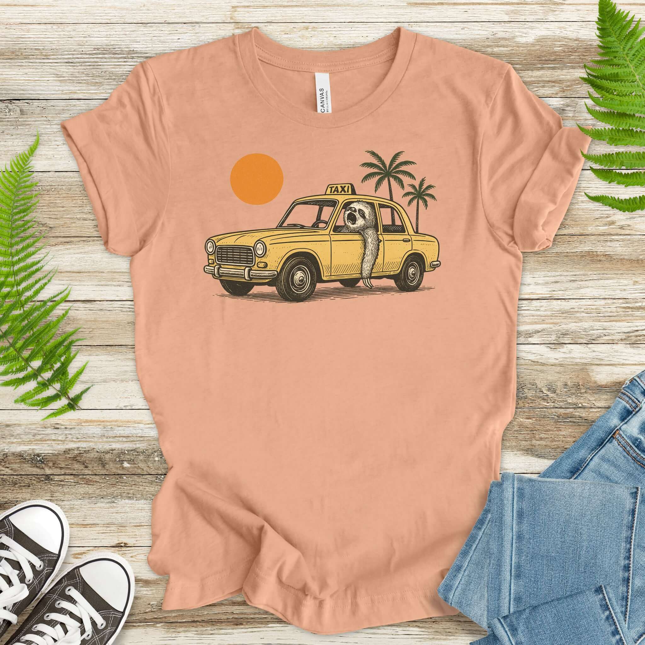 Sloth Taxi Driver T-Shirt – Funny Sloth Lover Shirt with Sunset & Palms