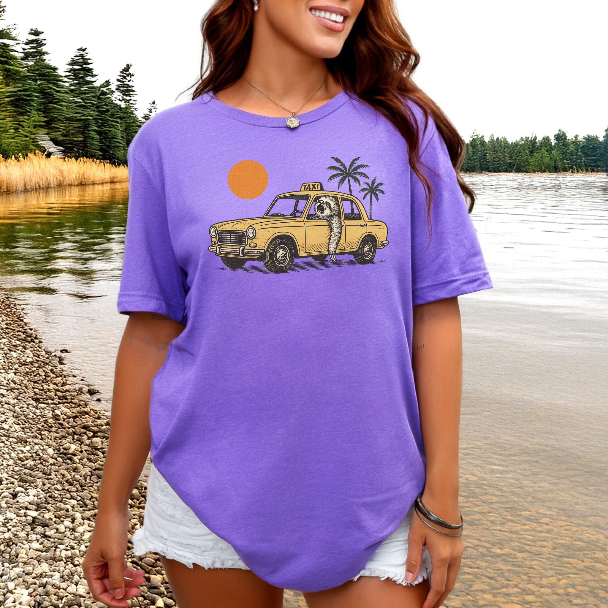 Sloth Taxi Driver T-Shirt – Funny Sloth Lover Shirt with Sunset & Palms