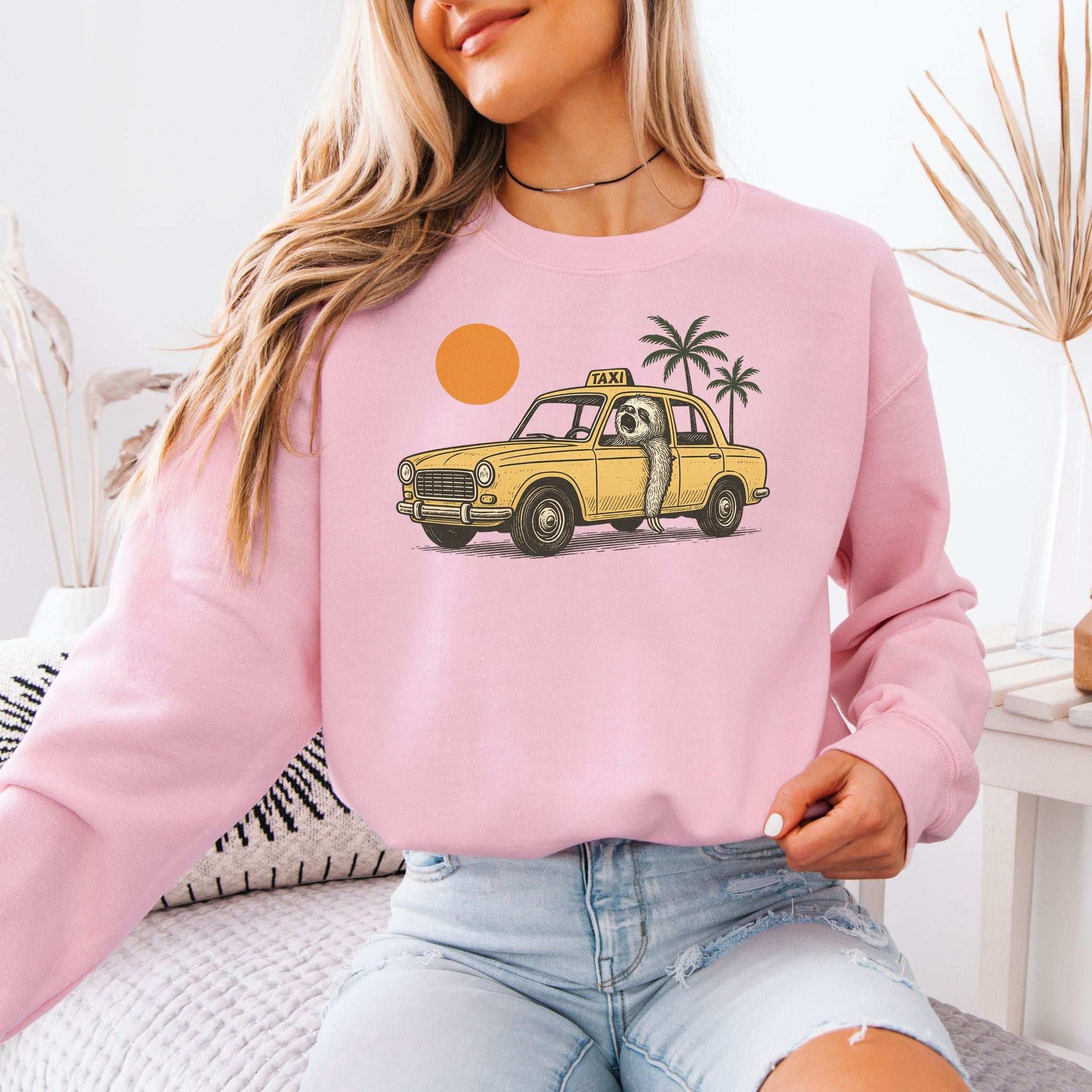 Sloth Taxi Driver Sweatshirt – Funny Tropical Ride with Sunset & Palms