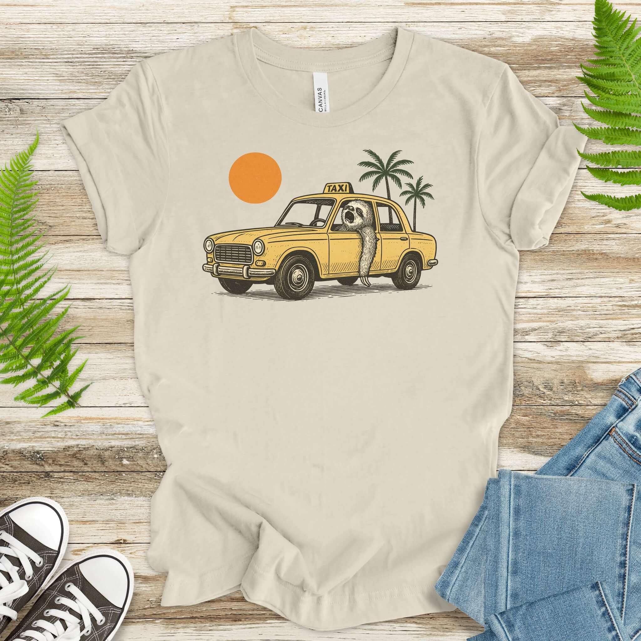 Sloth Taxi Driver T-Shirt – Funny Sloth Lover Shirt with Sunset & Palms