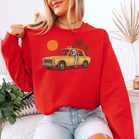 Sloth Taxi Driver Sweatshirt – Funny Tropical Ride with Sunset & Palms
