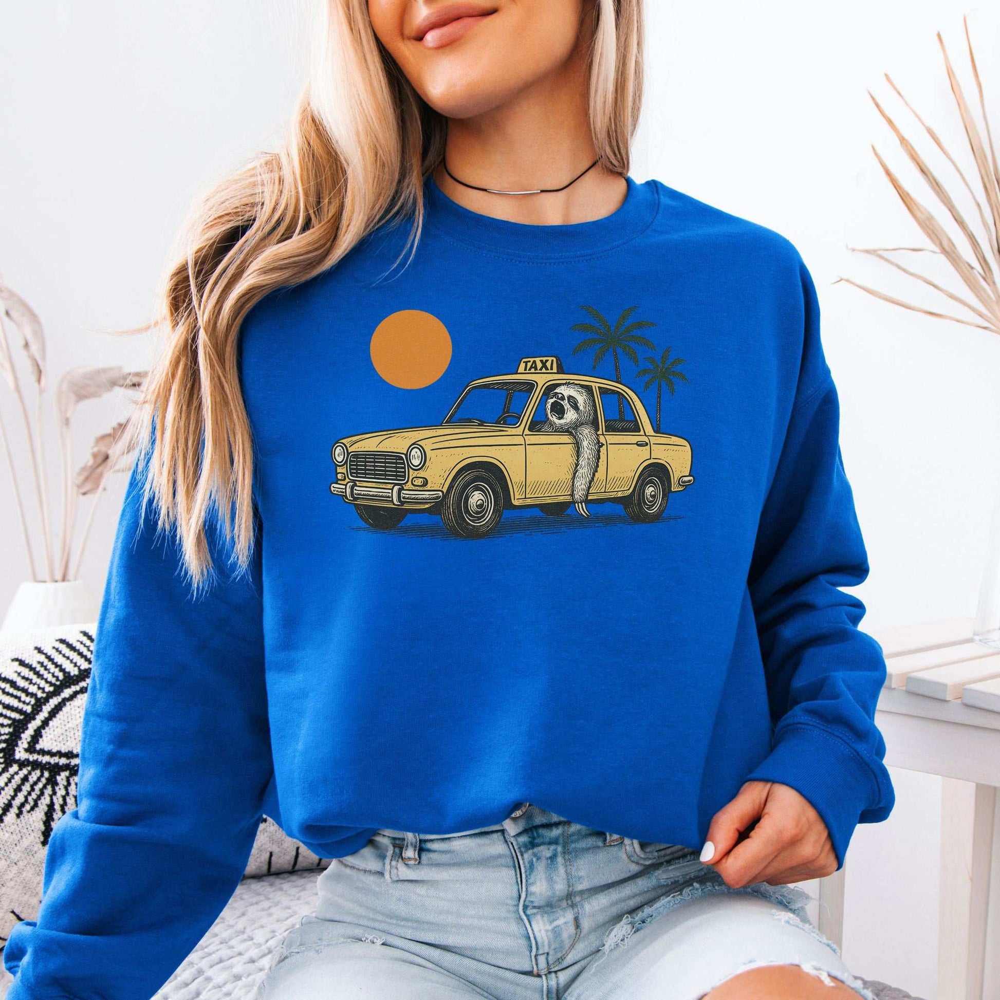 Sloth Taxi Driver Sweatshirt – Funny Tropical Ride with Sunset & Palms
