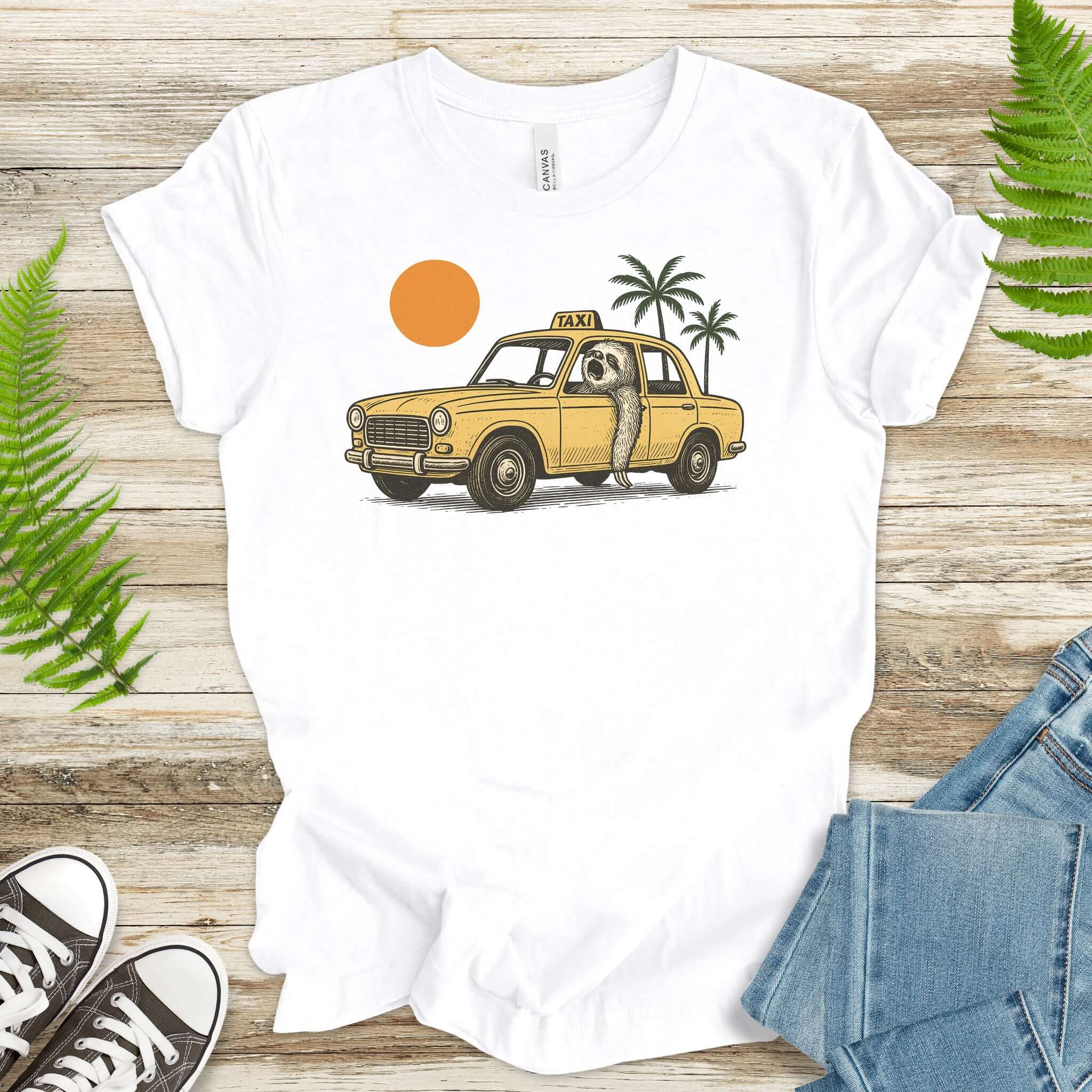 Sloth Taxi Driver T-Shirt – Funny Sloth Lover Shirt with Sunset & Palms