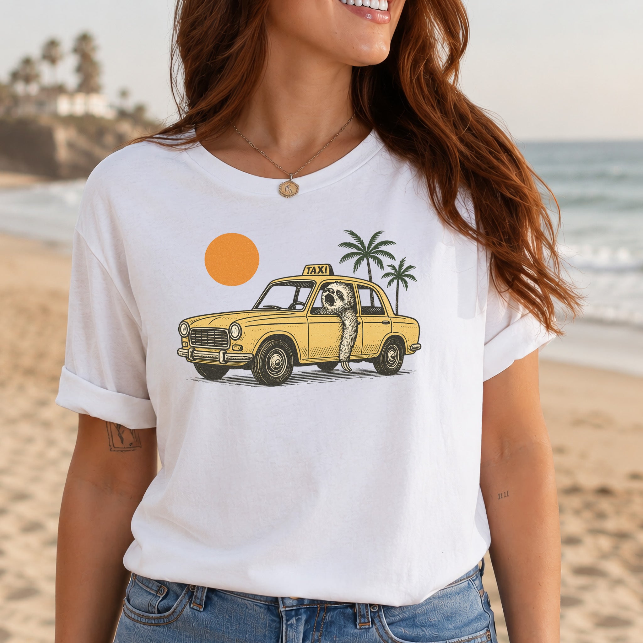 Sloth Taxi Driver T-Shirt – Funny Sloth Lover Shirt with Sunset & Palms