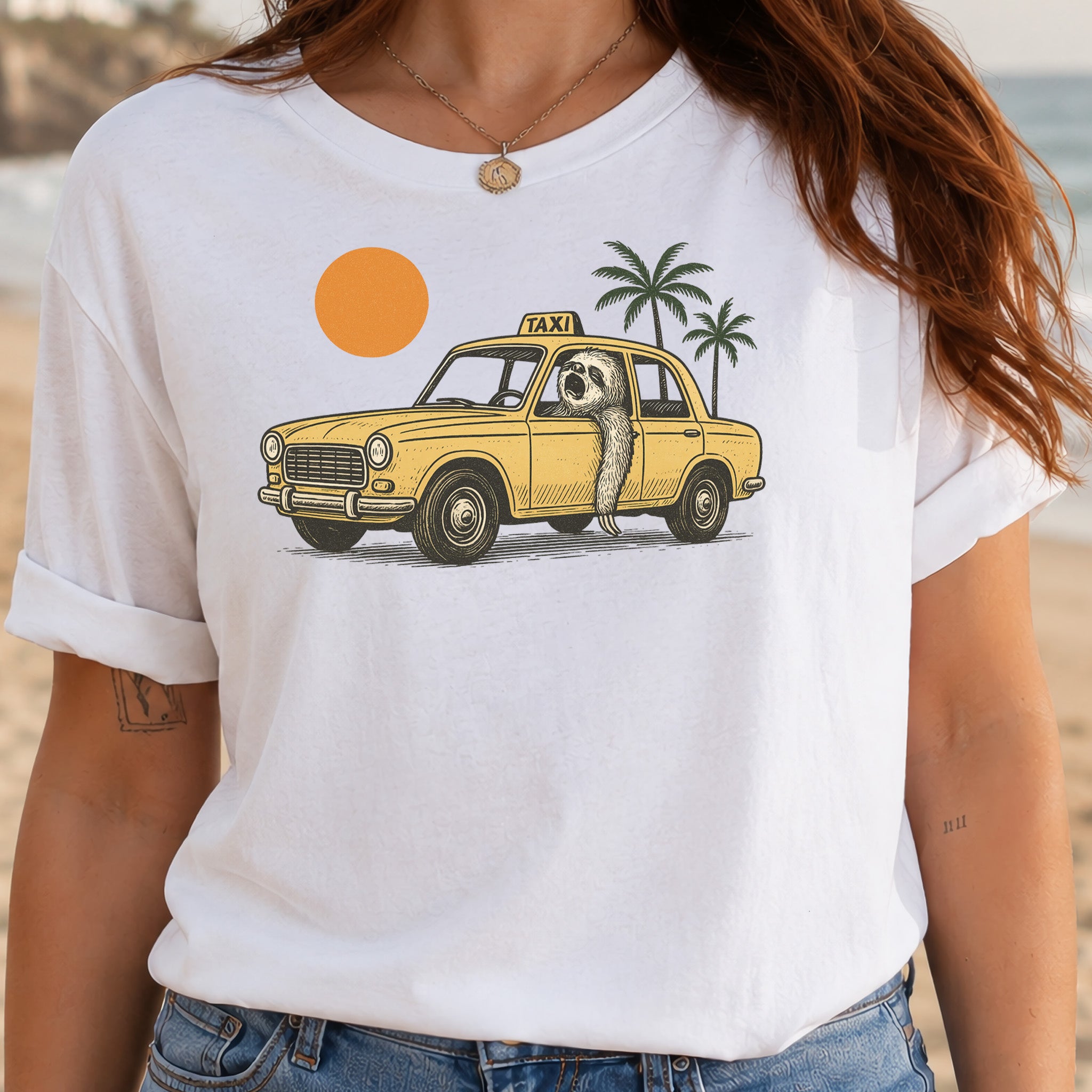 Sloth Taxi Driver T-Shirt – Funny Sloth Lover Shirt with Sunset & Palms