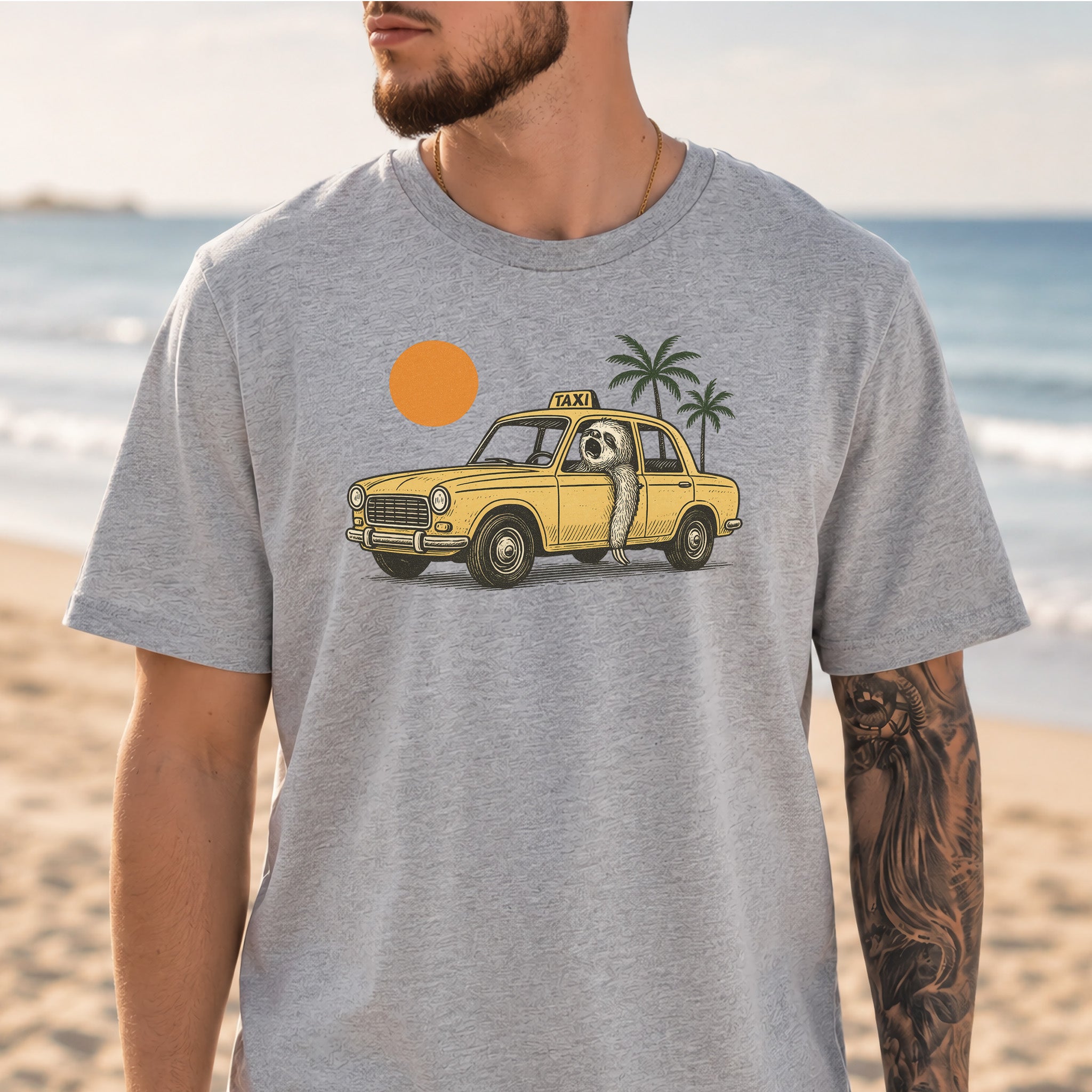 Sloth Taxi Driver T-Shirt – Funny Sloth Lover Shirt with Sunset & Palms