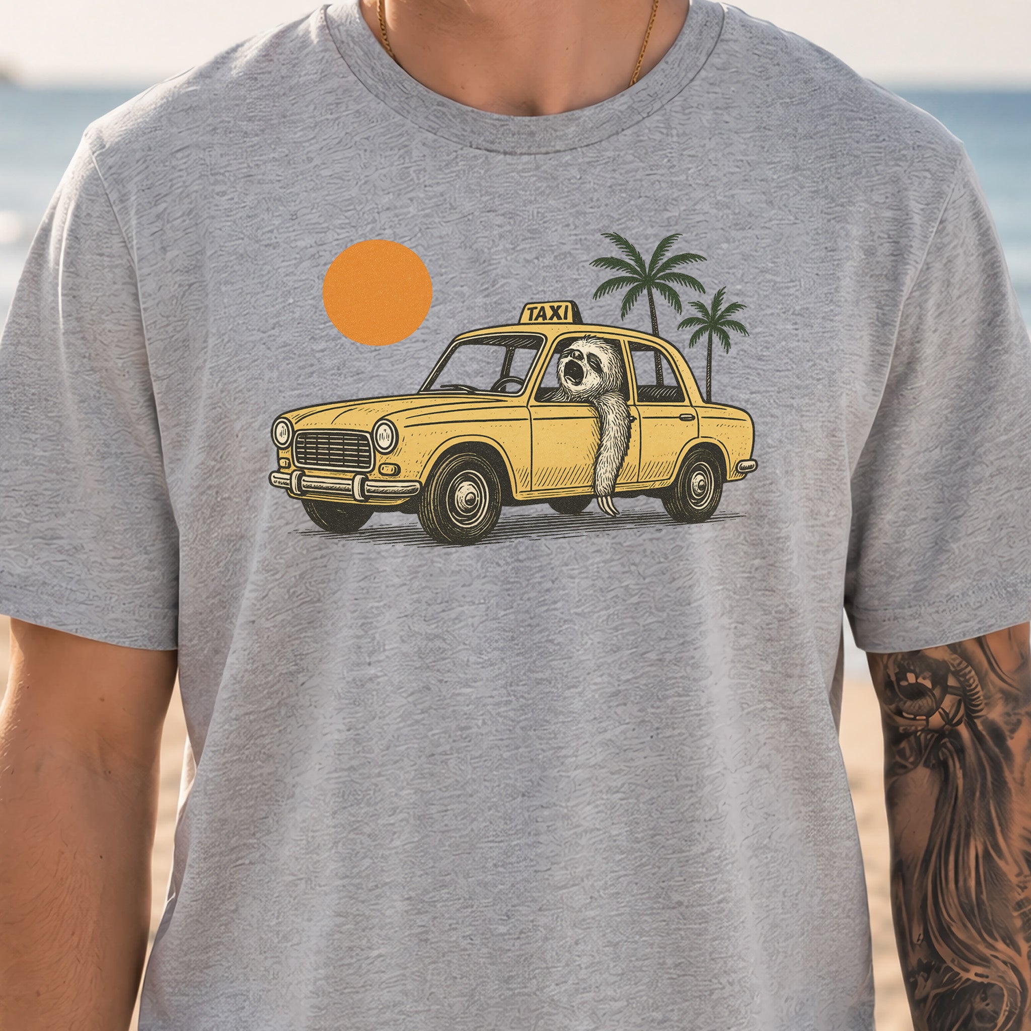 Sloth Taxi Driver T-Shirt – Funny Sloth Lover Shirt with Sunset & Palms