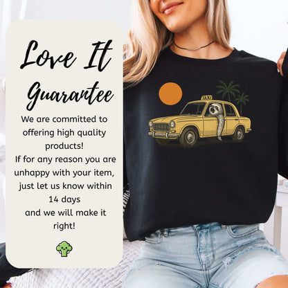 Sloth Taxi Driver Sweatshirt – Funny Tropical Ride with Sunset & Palms