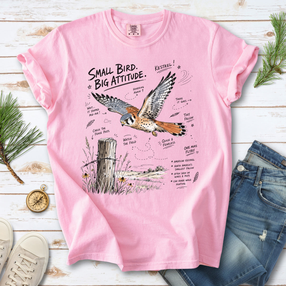 Small Bird, Big Attitude Comfort Colors Shirt – American Kestrel design of an American Kestrel illustrated in mid-flight above an open field, with fence-post details and field-note style callouts, printed on a Blossom T-shirt.