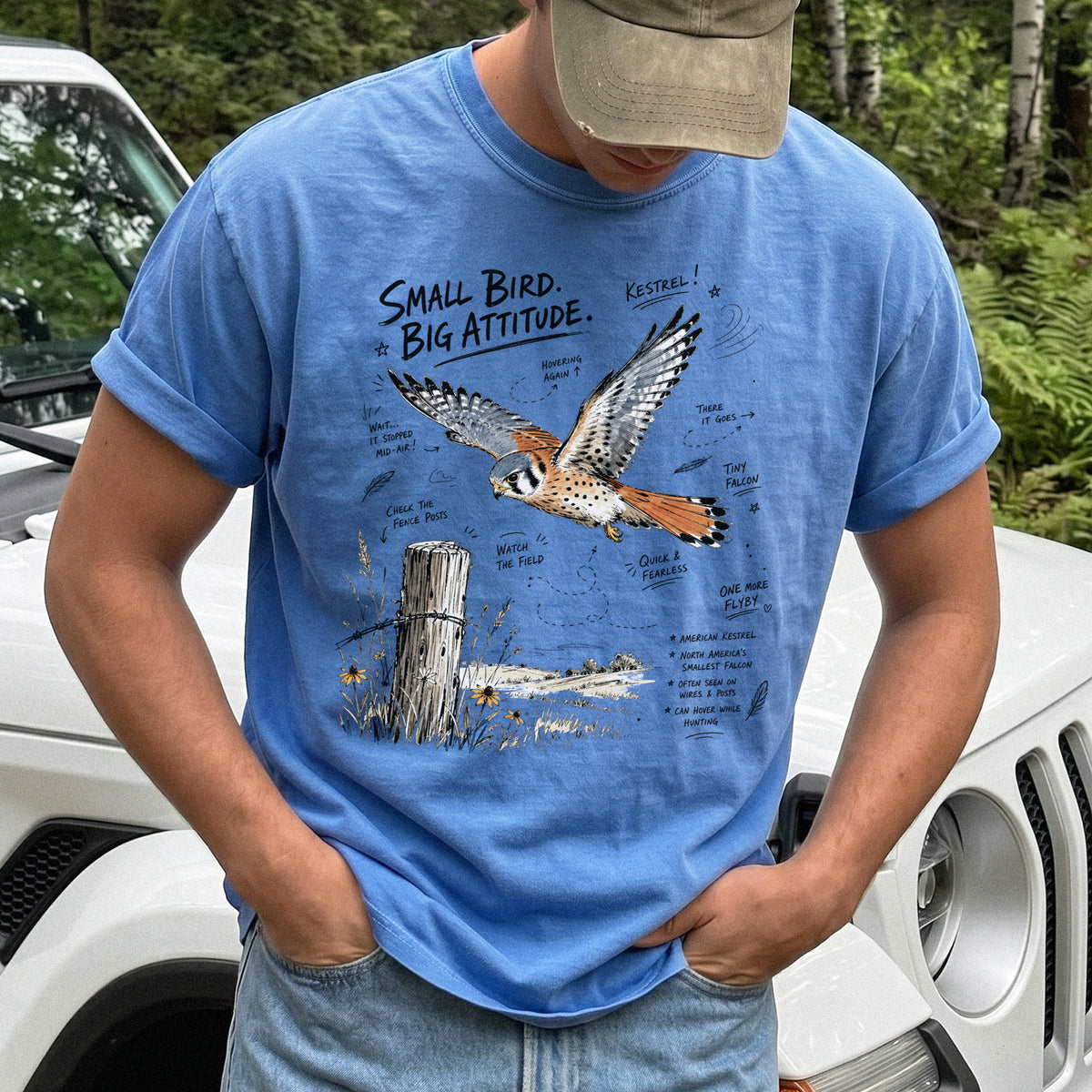 Small Bird, Big Attitude Comfort Colors Shirt – American Kestrel design of an American Kestrel illustrated in mid-flight above an open field, with fence-post details and field-note style callouts, printed on a Flo Blue T-shirt.