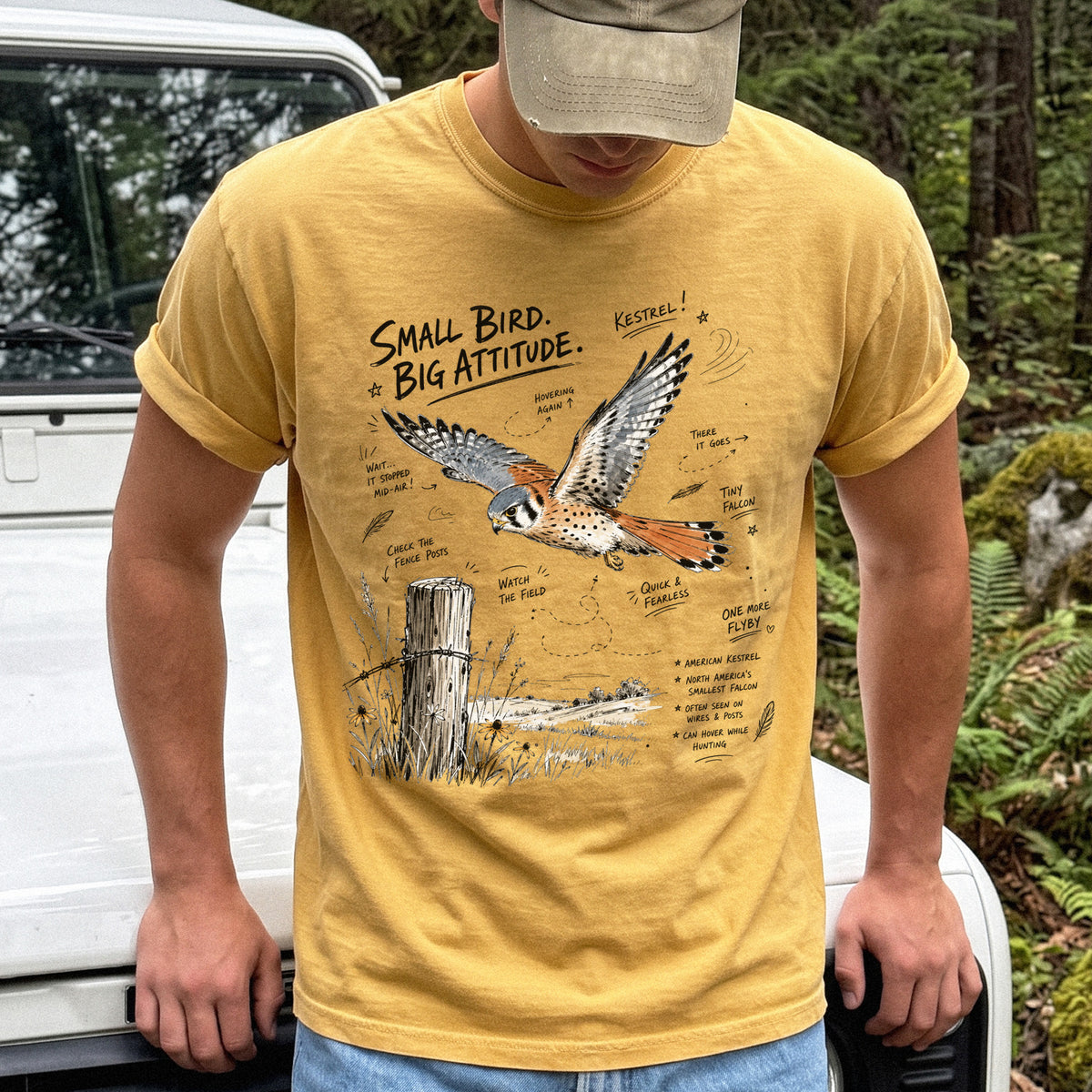 Small Bird, Big Attitude Comfort Colors Shirt – American Kestrel design of an American Kestrel illustrated in mid-flight above an open field, with fence-post details and field-note style callouts, printed on a Mustard T-shirt.