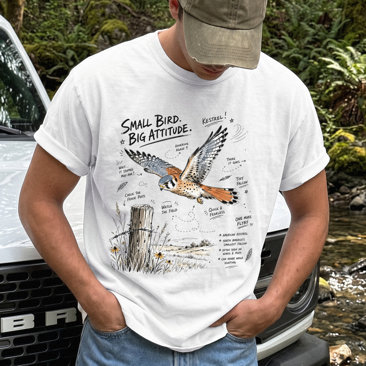 Small Bird, Big Attitude Comfort Colors Shirt – American Kestrel design of an American Kestrel illustrated in mid-flight above an open field, with fence-post details and field-note style callouts, printed on a White T-shirt.