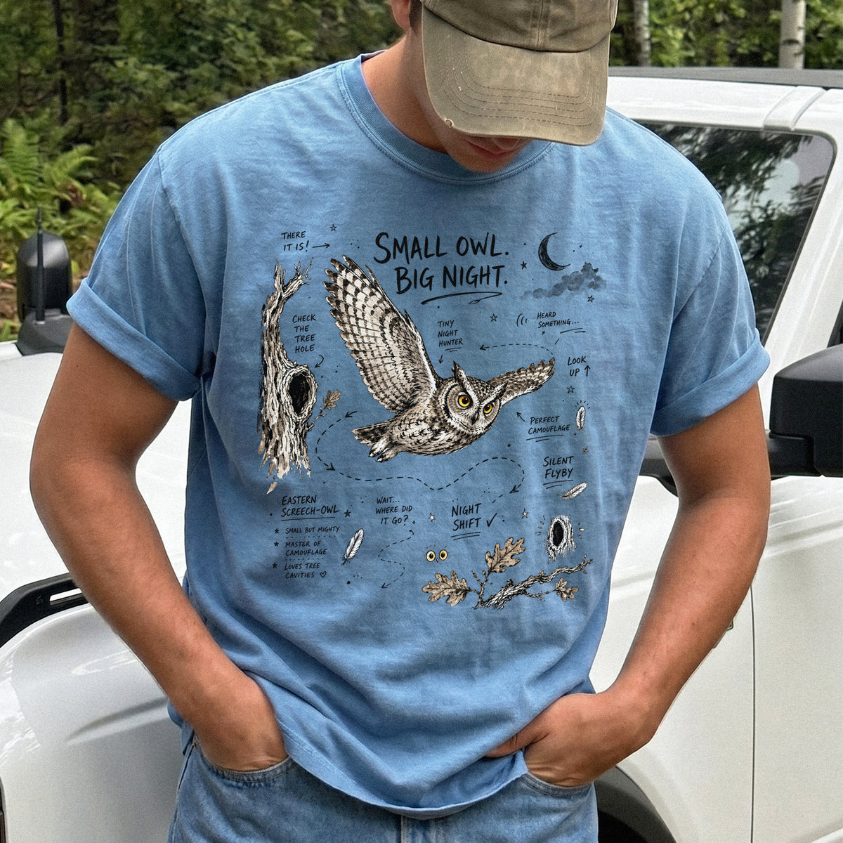 Small Owl Big Night Comfort Colors Shirt – Eastern Screech Owl Tee