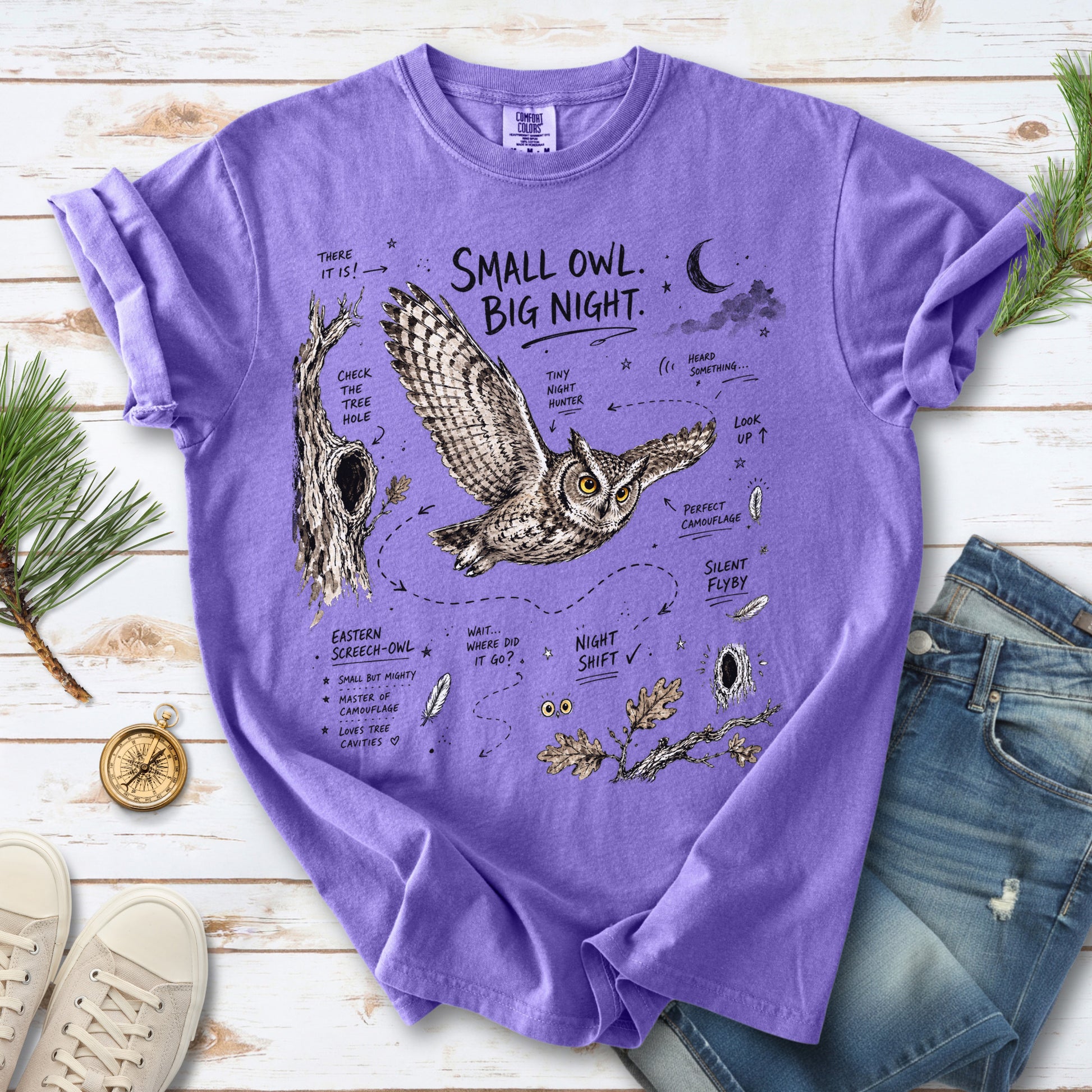 Small Owl Big Night Comfort Colors Shirt – Eastern Screech Owl Tee