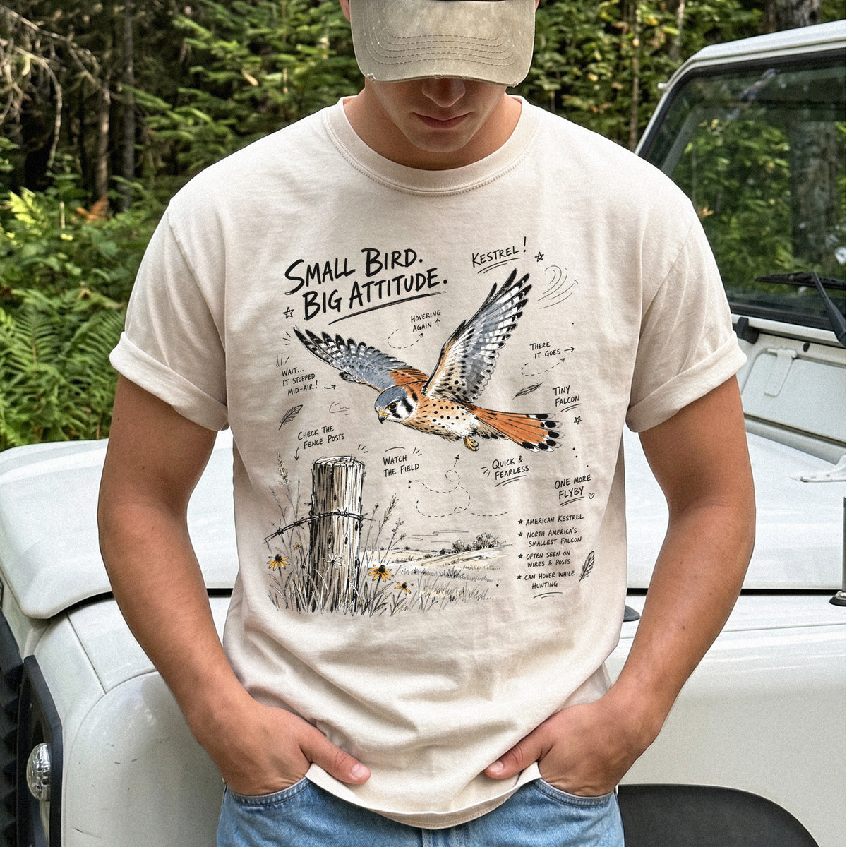 Small Bird, Big Attitude Comfort Colors Shirt – American Kestrel design of an American Kestrel illustrated in mid-flight above an open field, with fence-post details and field-note style callouts, printed on an Ivory T-shirt.
