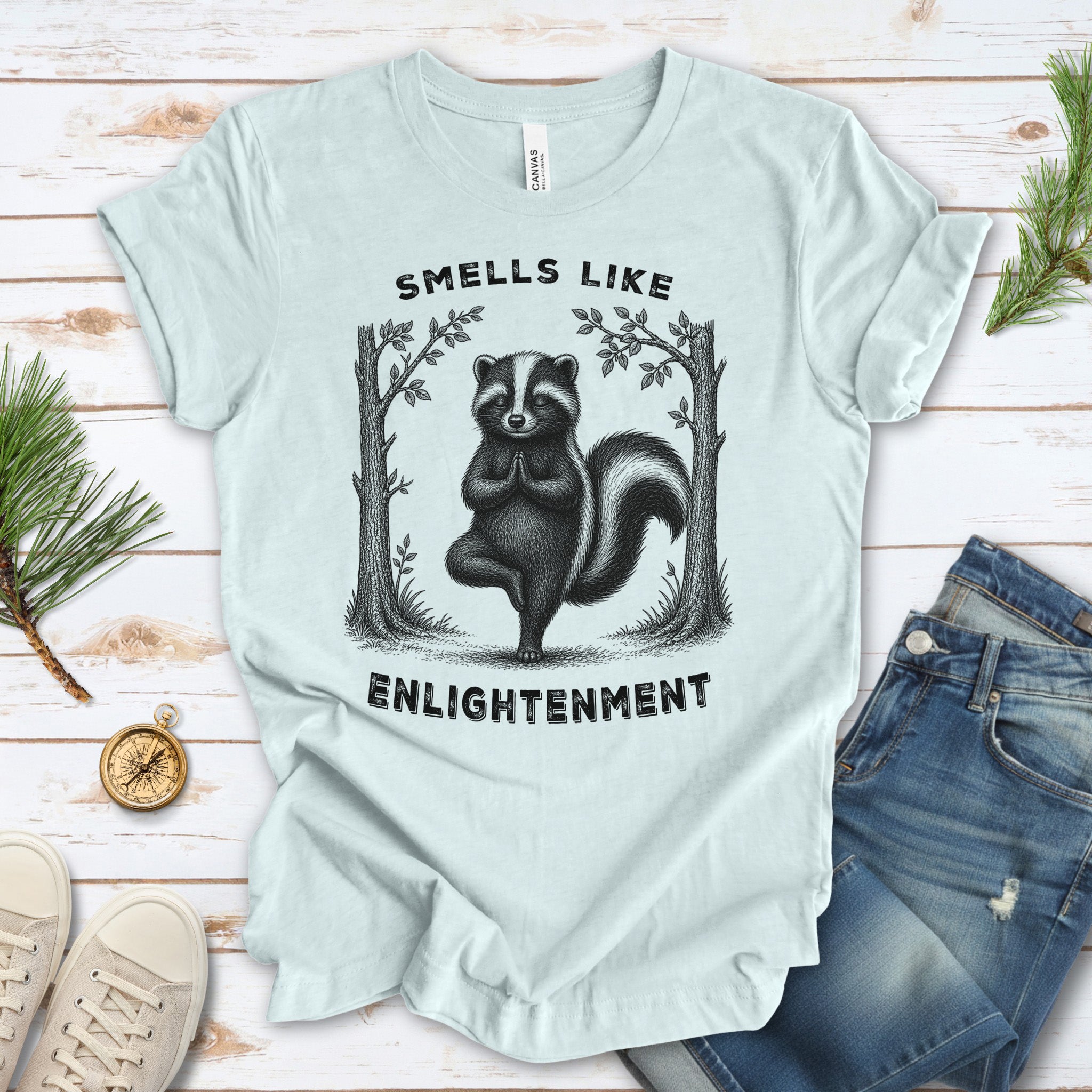 Smells Like Enlightenment Funny Skunk Yoga Nature Lover Gift T-Shirt