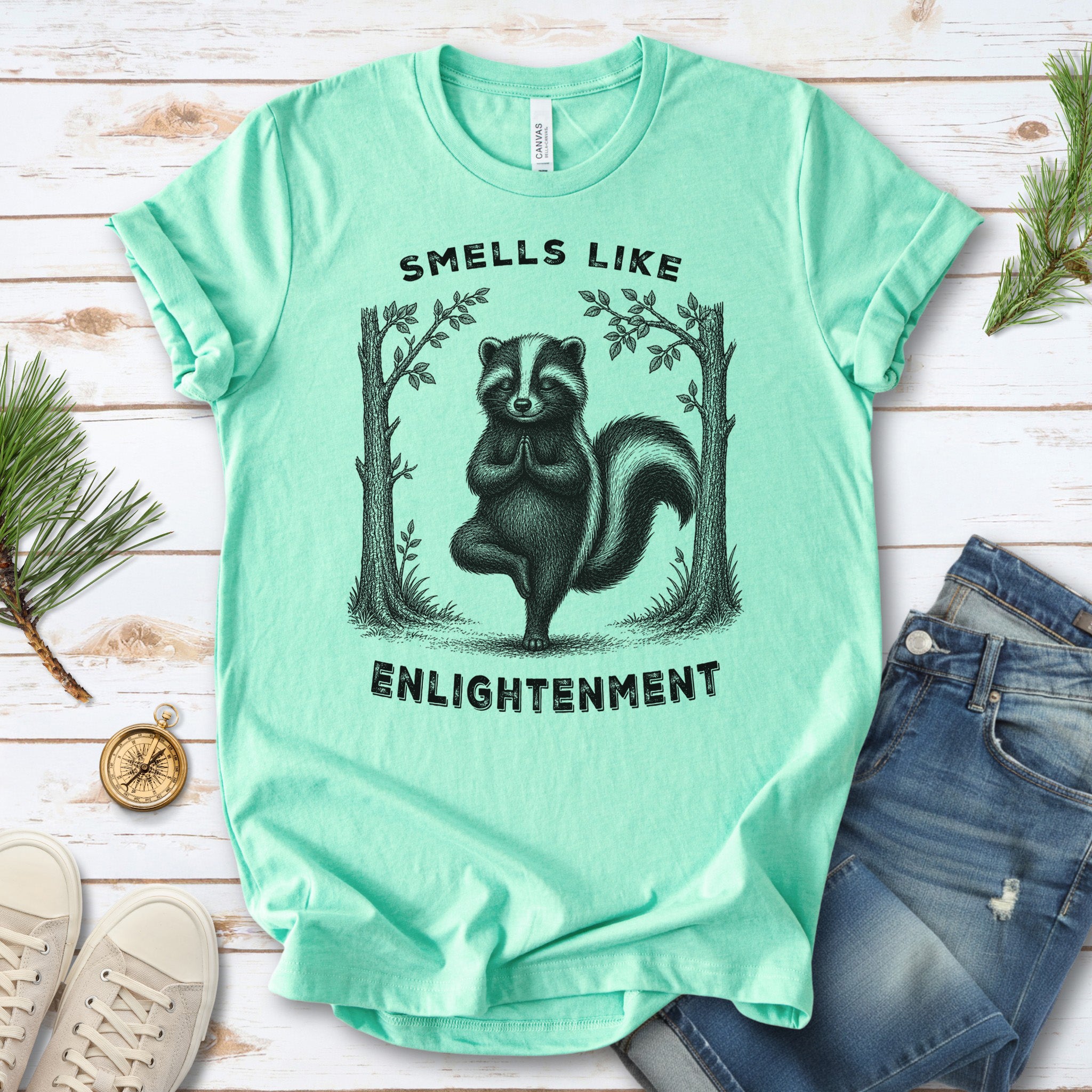 Smells Like Enlightenment Funny Skunk Yoga Nature Lover Gift T-Shirt