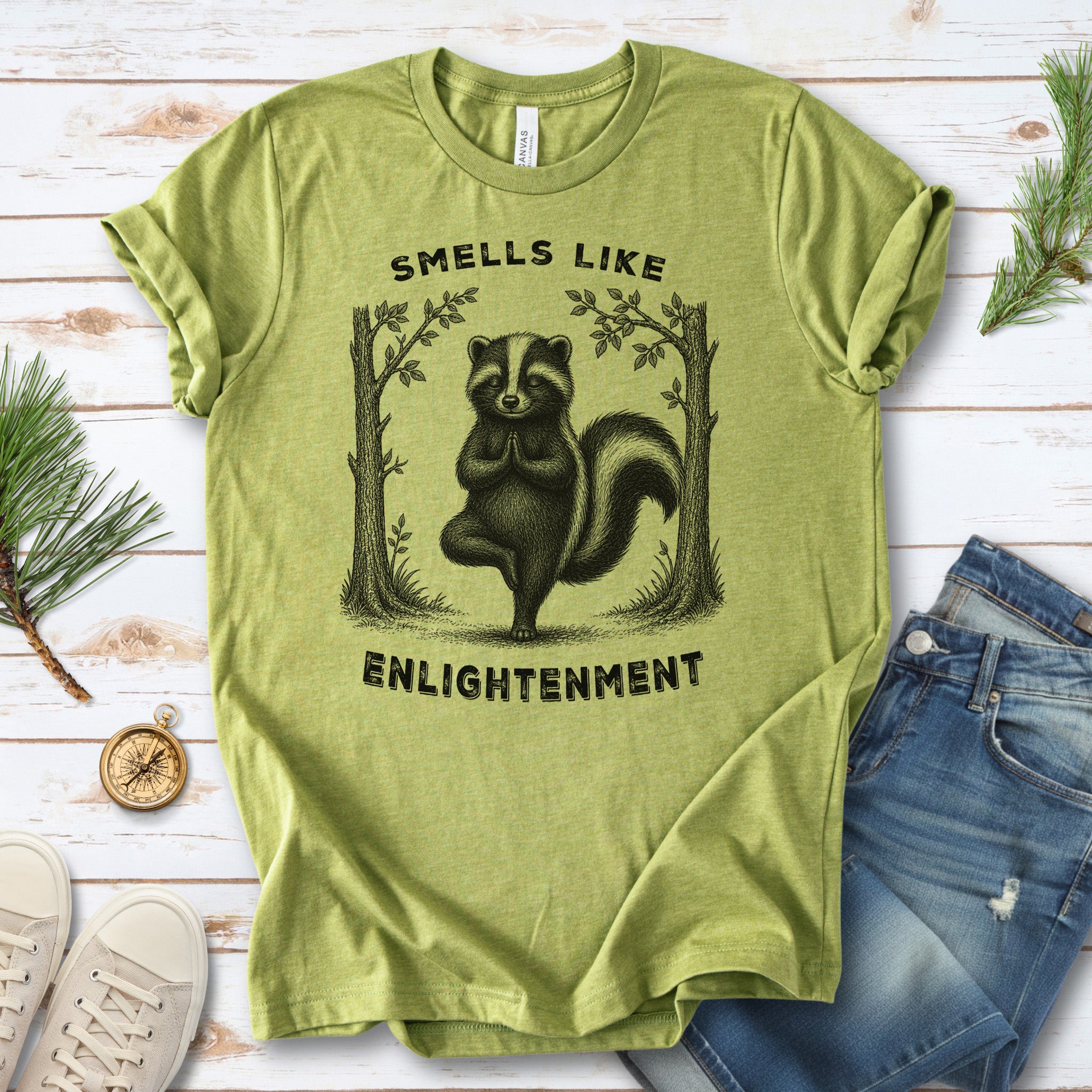 Smells Like Enlightenment Funny Skunk Yoga Nature Lover Gift T-Shirt