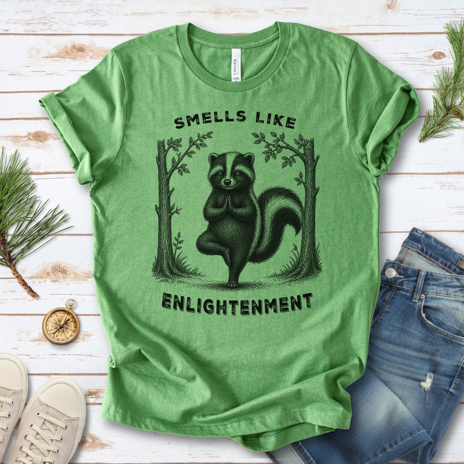 Smells Like Enlightenment Funny Skunk Yoga Nature Lover Gift T-Shirt