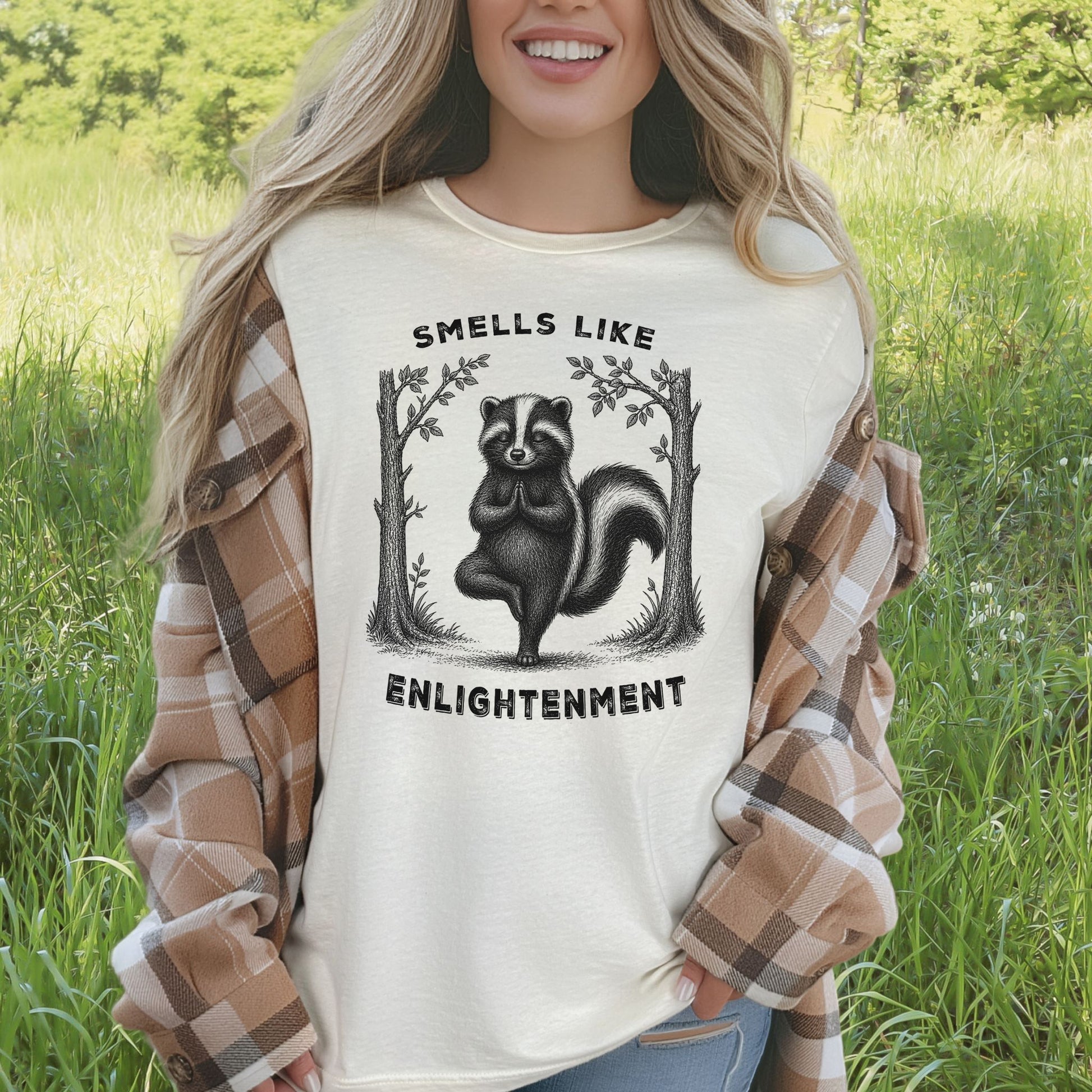 Smells Like Enlightenment Funny Skunk Yoga Nature Lover Gift T-Shirt