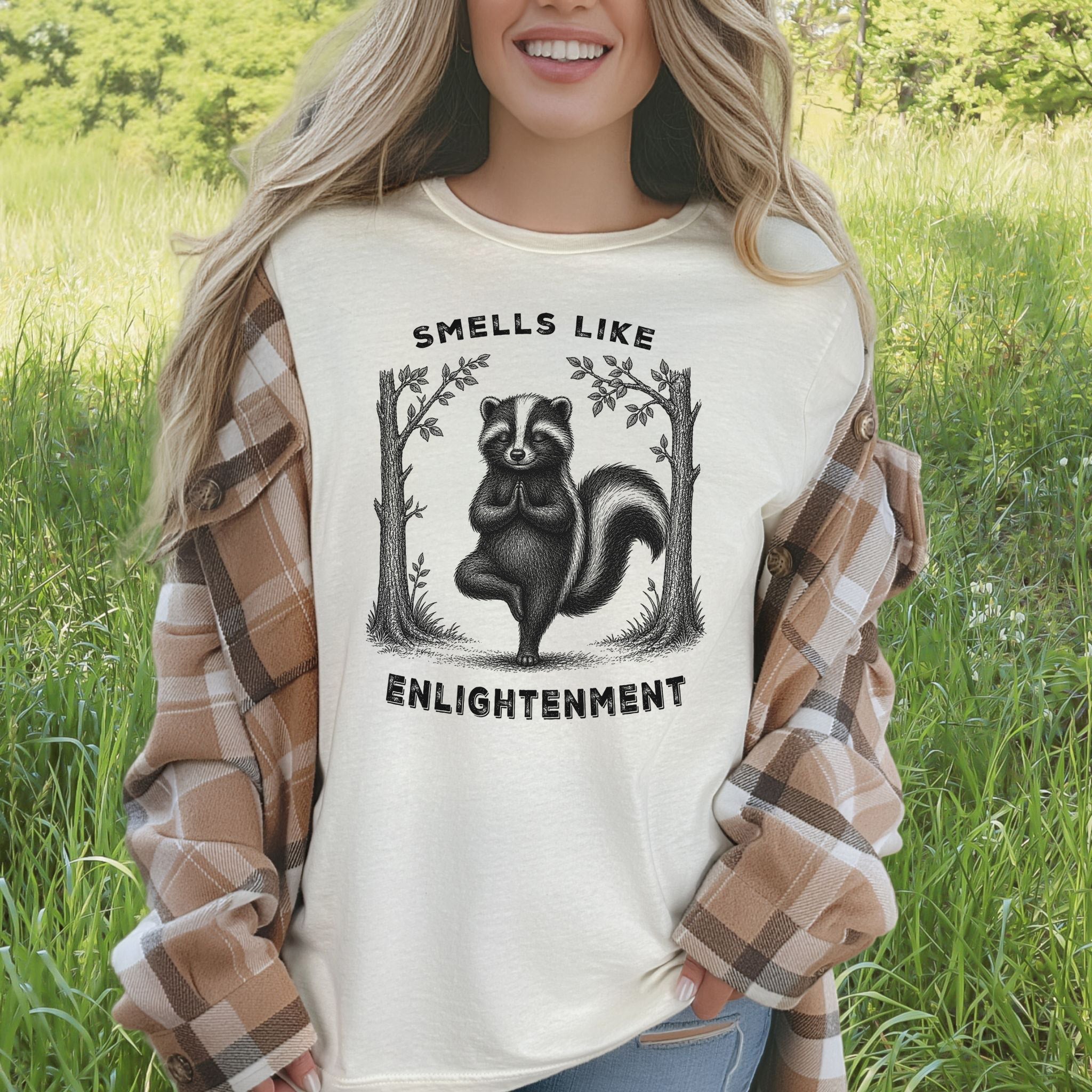 Smells Like Enlightenment Funny Skunk Yoga Nature Lover Gift T-Shirt