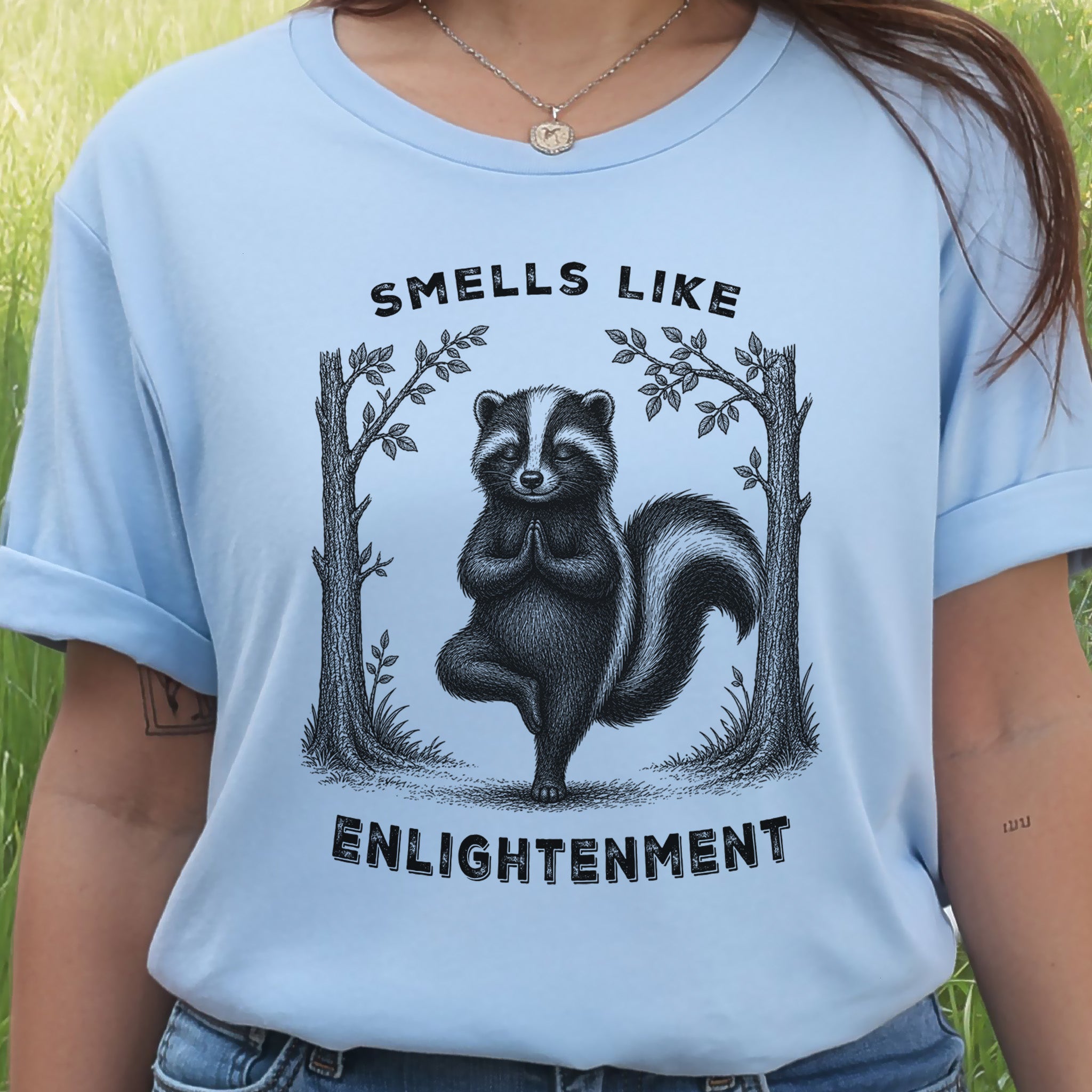 Smells Like Enlightenment Funny Skunk Yoga Nature Lover Gift T-Shirt
