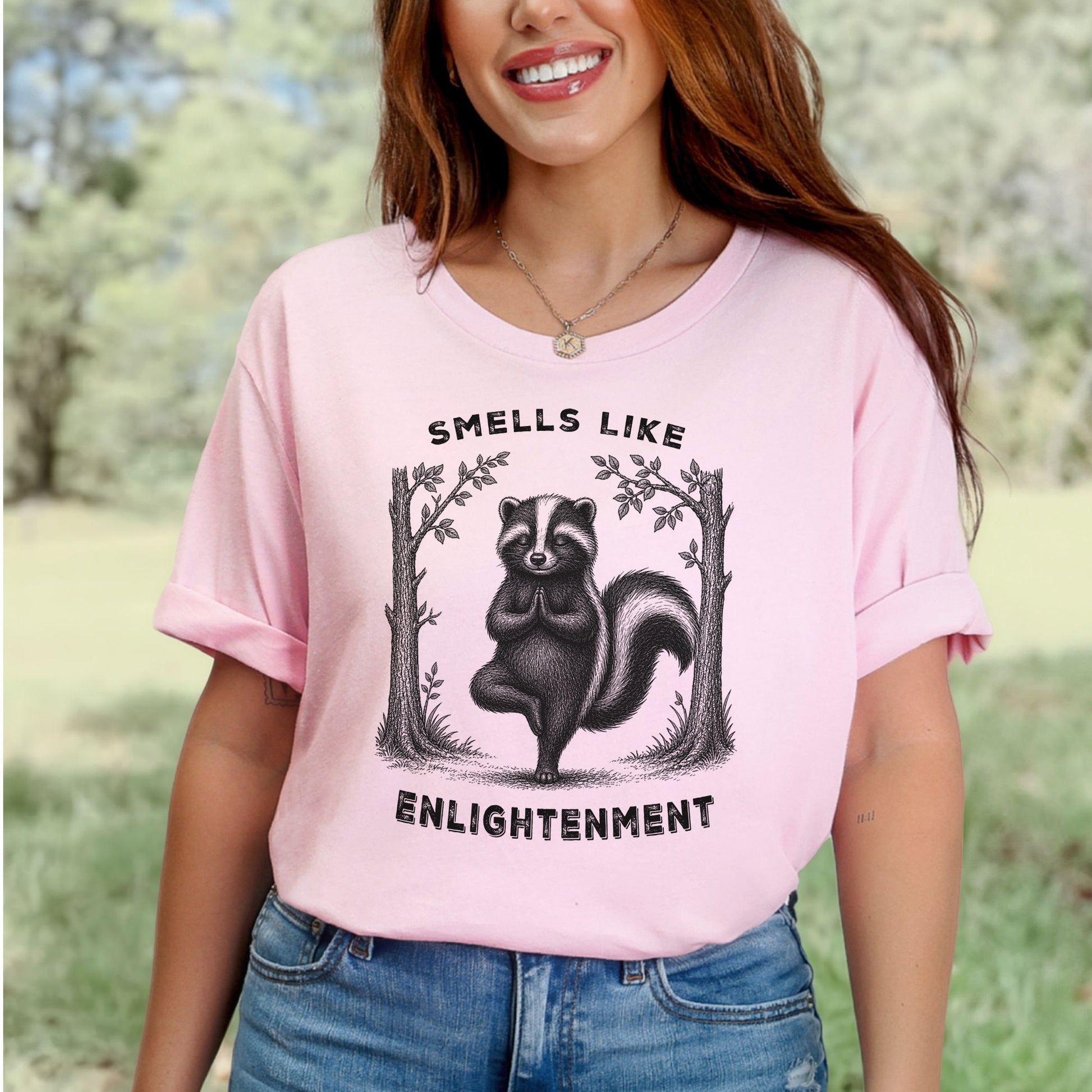 Smells Like Enlightenment Funny Skunk Yoga Nature Lover Gift T-Shirt
