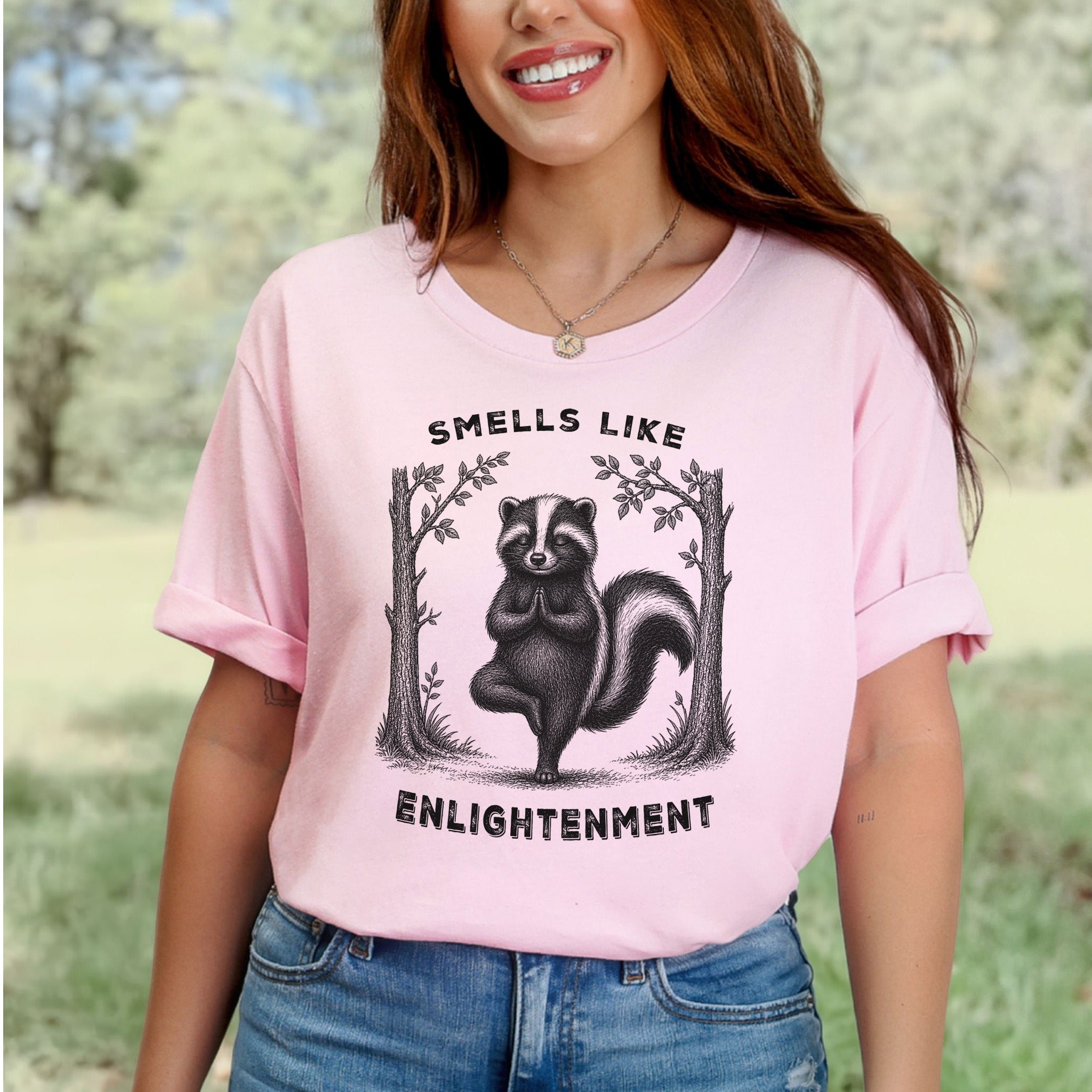 Smells Like Enlightenment Funny Skunk Yoga Nature Lover Gift T-Shirt