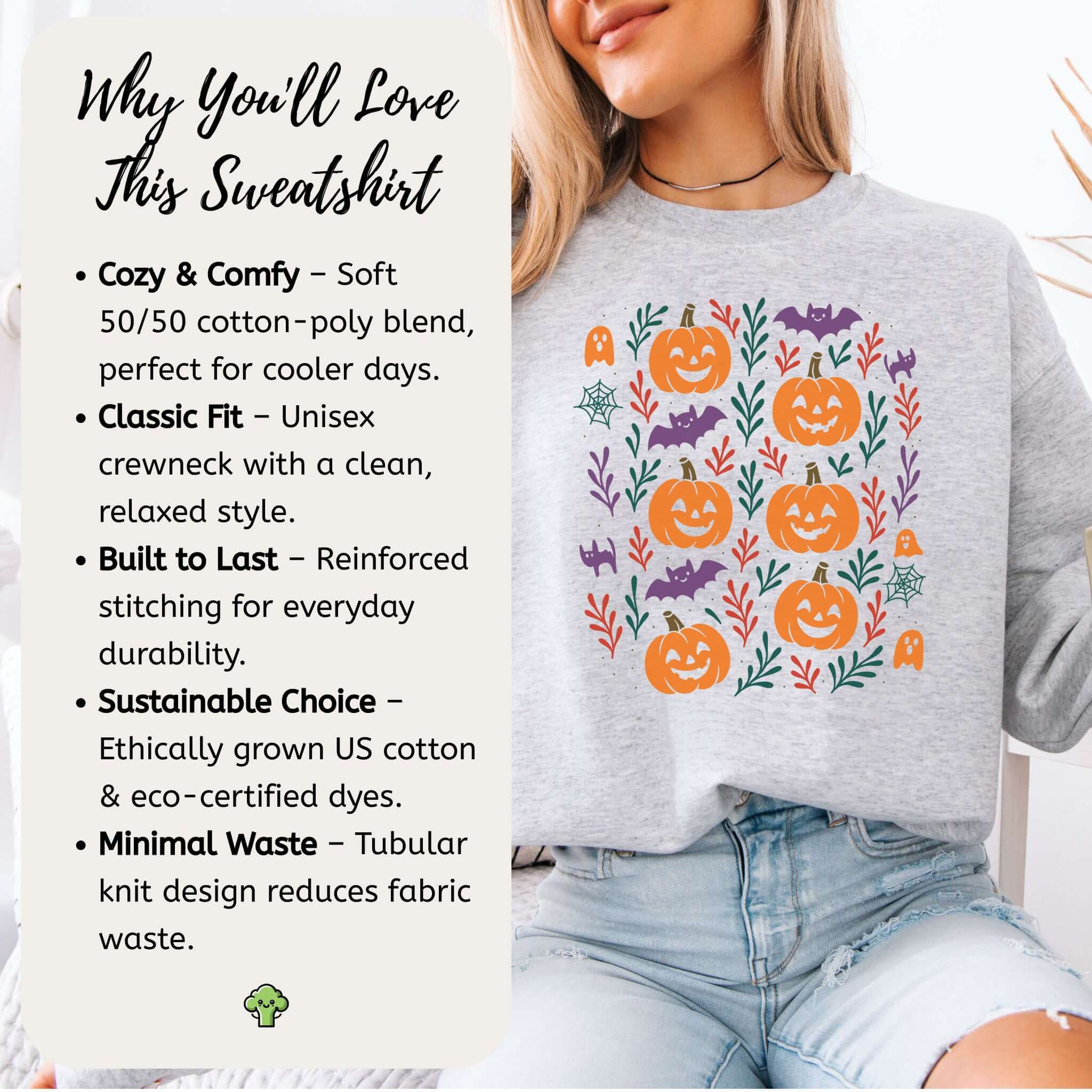 Cute Pumpkin Bats Halloween Sweatshirt – Spooky Doodles Fall Sweater for Women