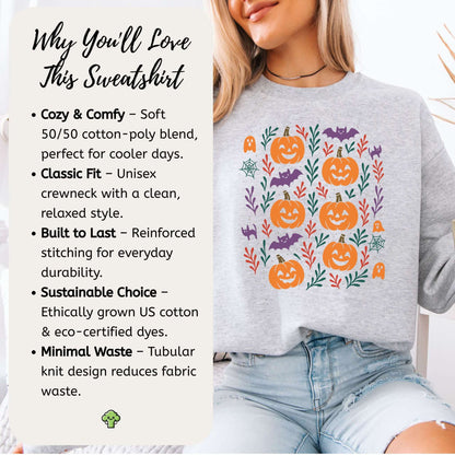 Cute Pumpkin Bats Halloween Sweatshirt – Spooky Doodles Fall Sweater for Women