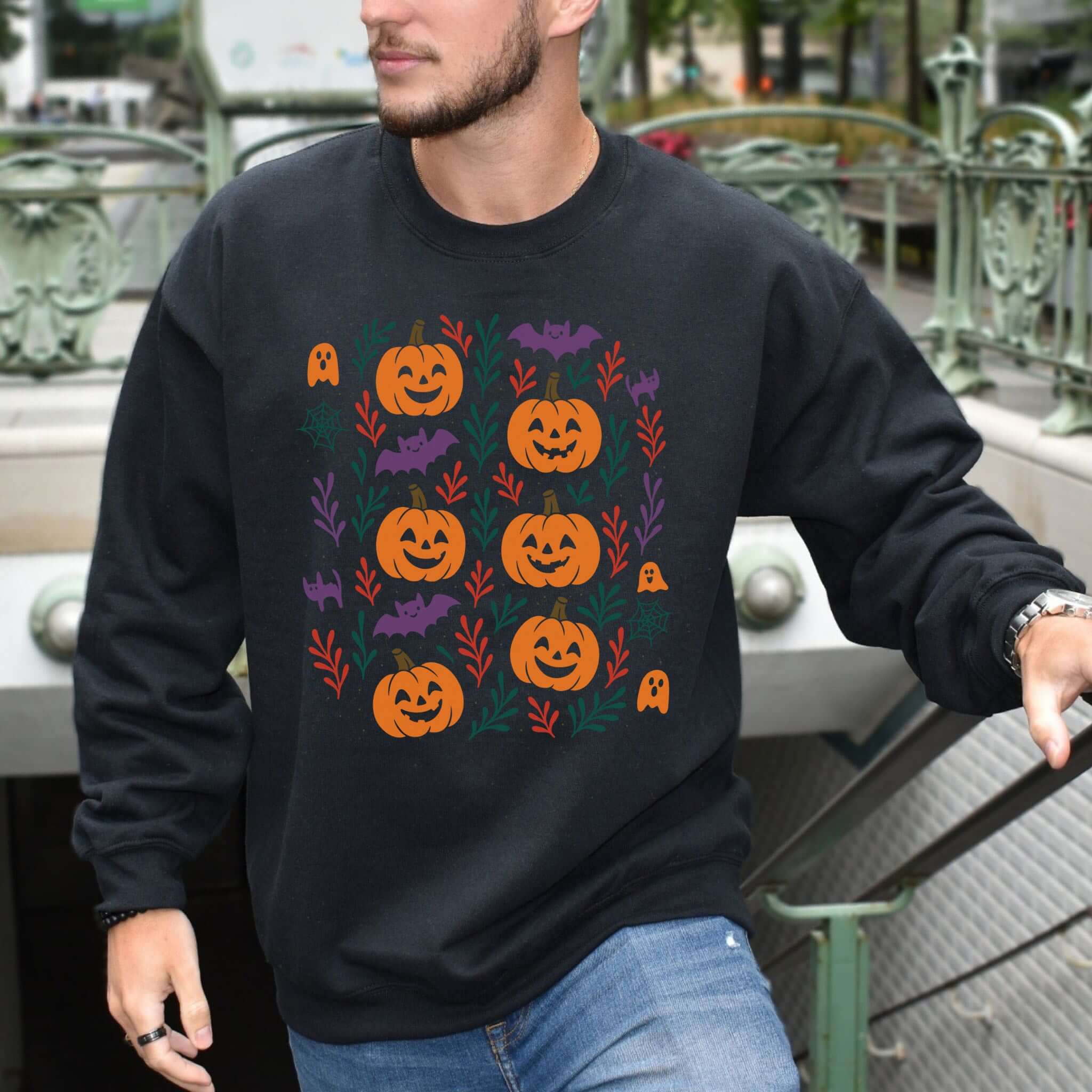 Cute Pumpkin Bats Halloween Sweatshirt – Spooky Doodles Fall Sweater for Women