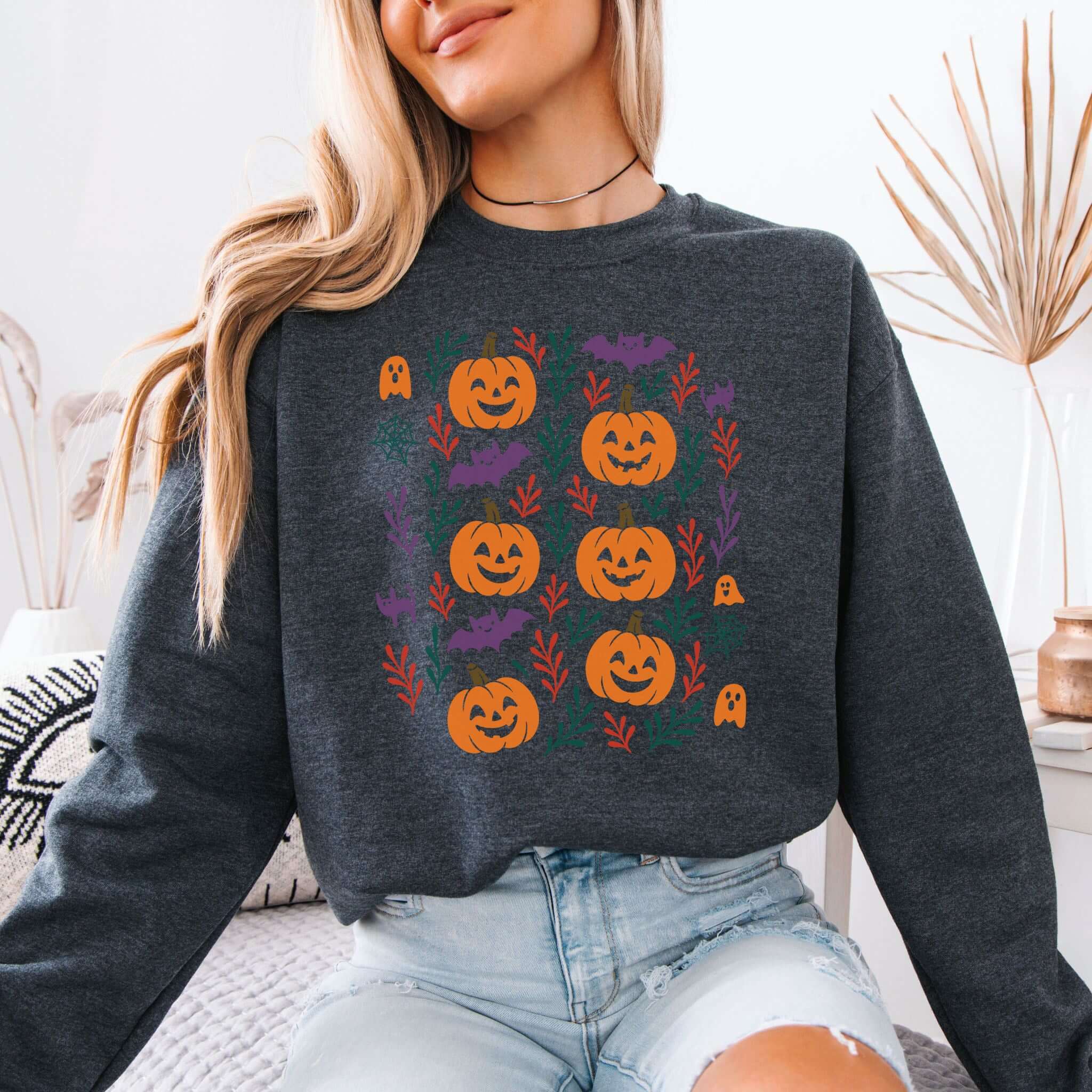 Cute Pumpkin Bats Halloween Sweatshirt – Spooky Doodles Fall Sweater for Women
