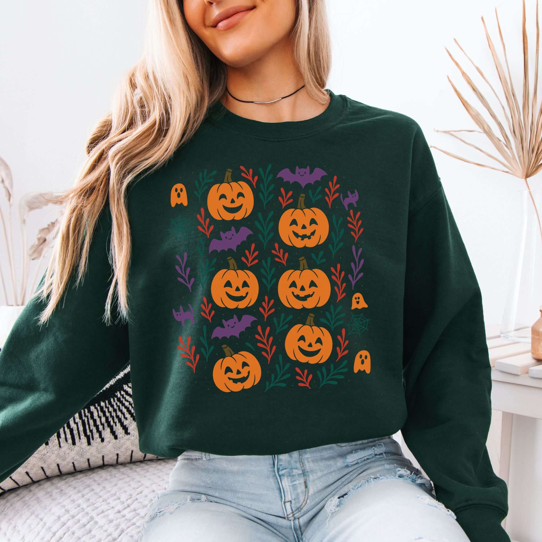Cute Pumpkin Bats Halloween Sweatshirt – Spooky Doodles Fall Sweater for Women
