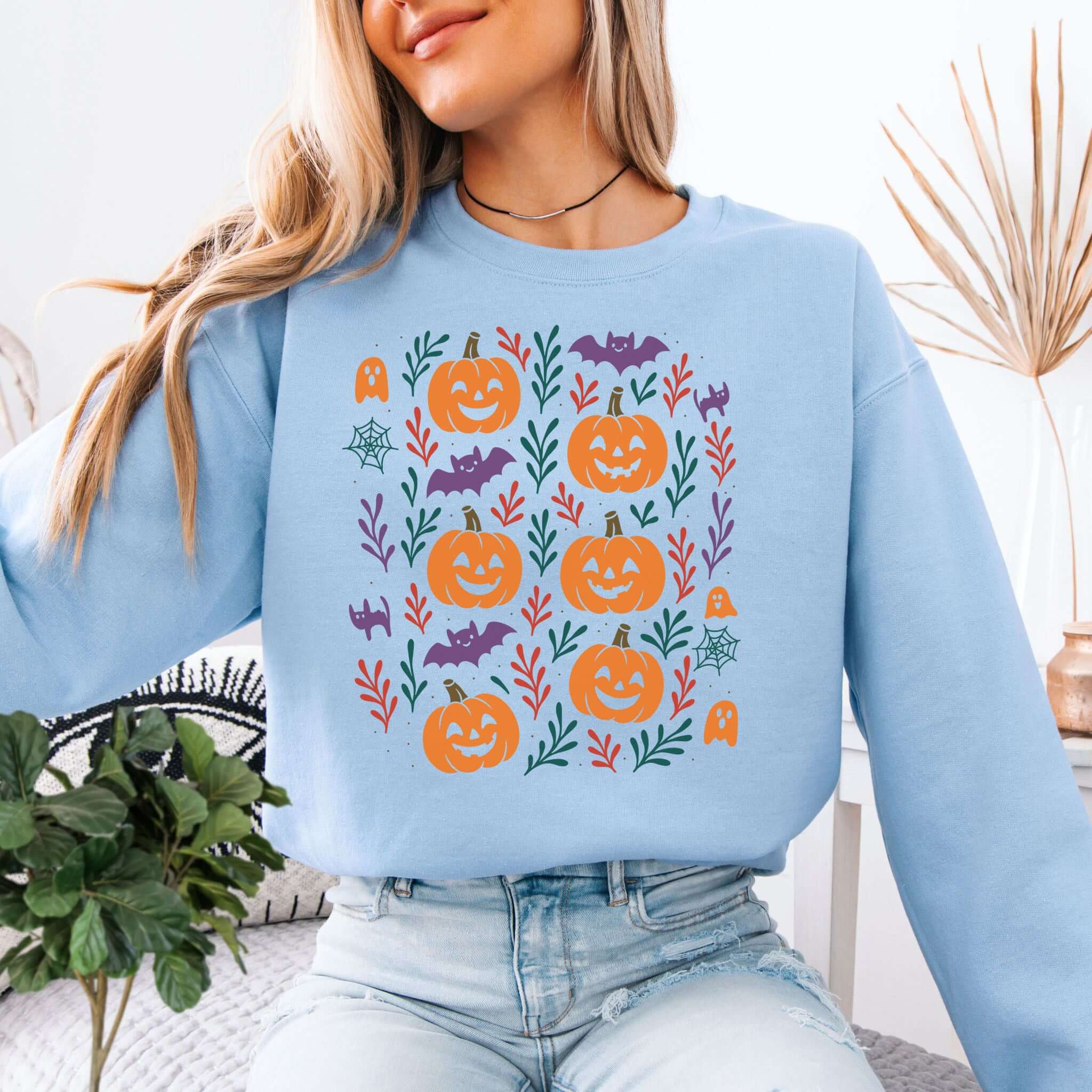 Cute Pumpkin Bats Halloween Sweatshirt – Spooky Doodles Fall Sweater for Women