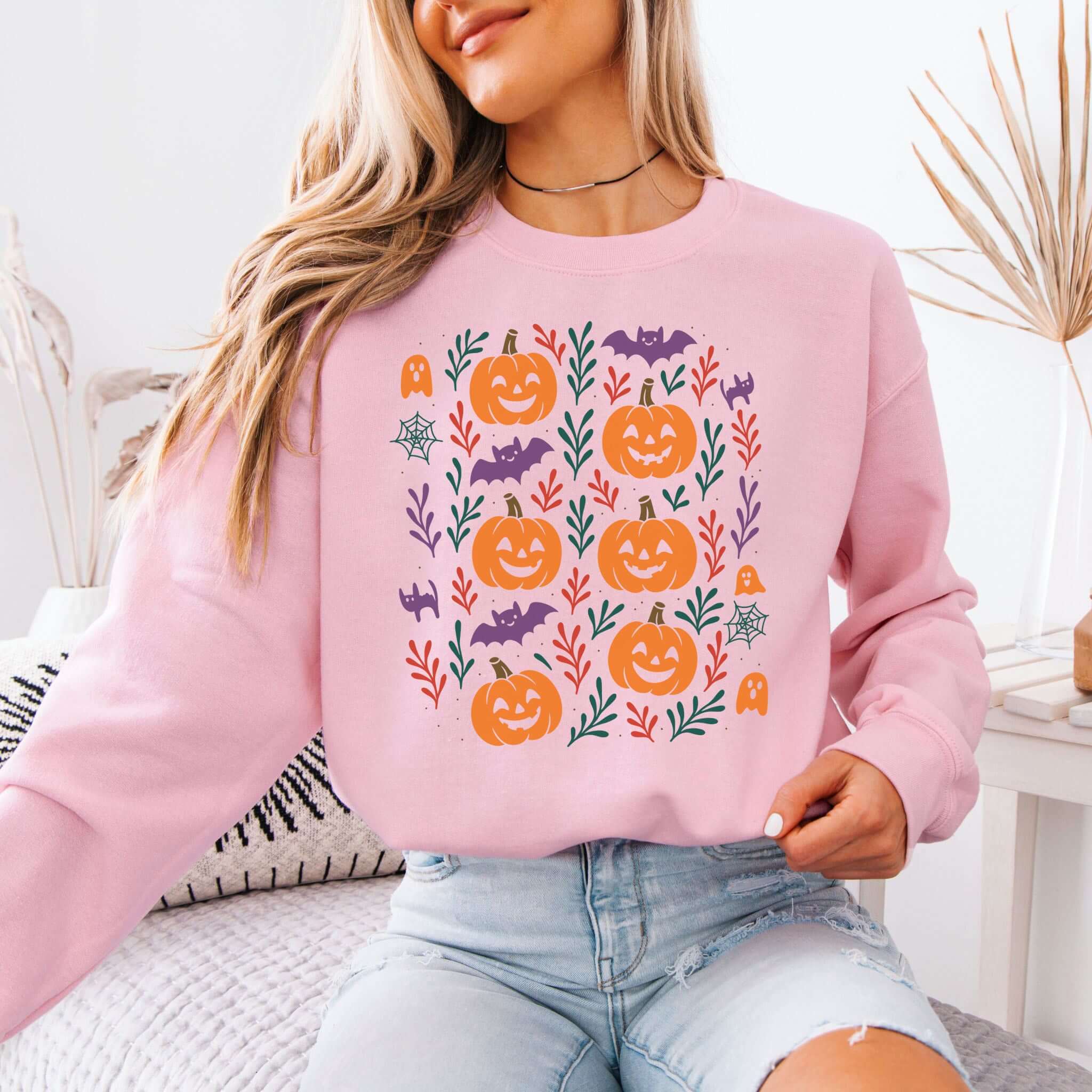 Cute Pumpkin Bats Halloween Sweatshirt – Spooky Doodles Fall Sweater for Women