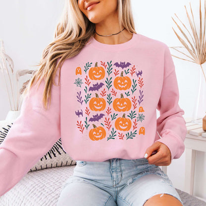 Cute Pumpkin Bats Halloween Sweatshirt – Spooky Doodles Fall Sweater for Women