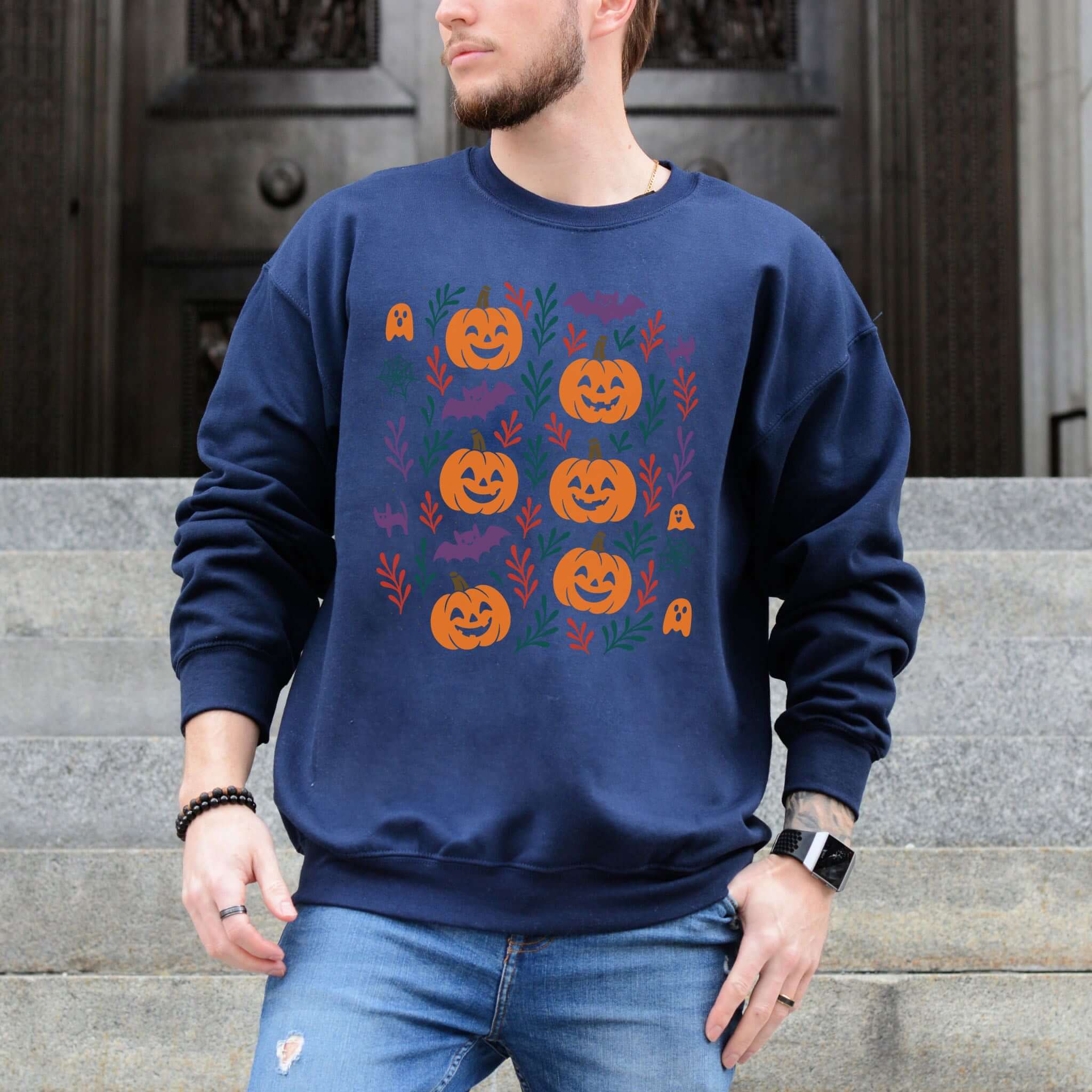 Cute Pumpkin Bats Halloween Sweatshirt – Spooky Doodles Fall Sweater for Women