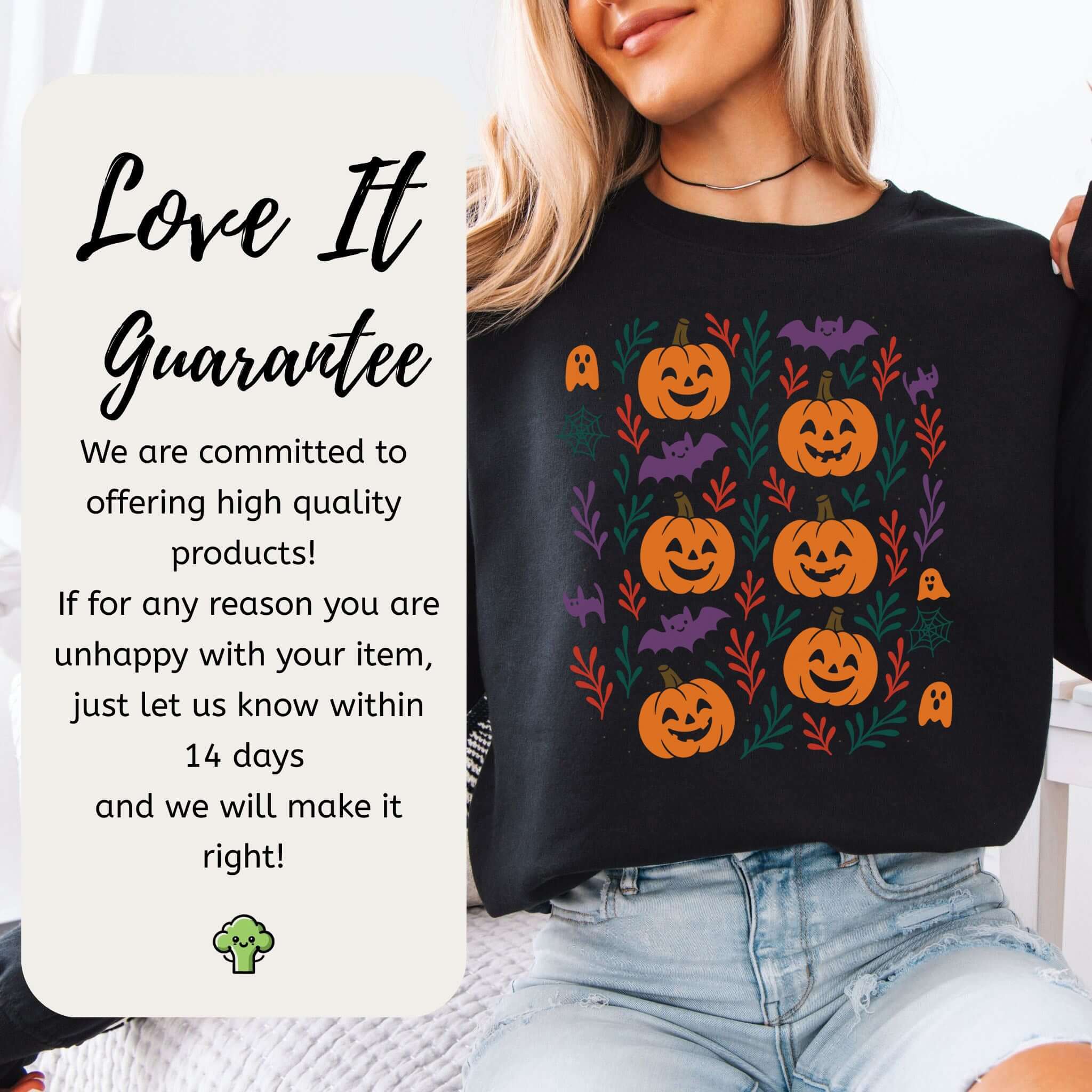 Cute Pumpkin Bats Halloween Sweatshirt – Spooky Doodles Fall Sweater for Women