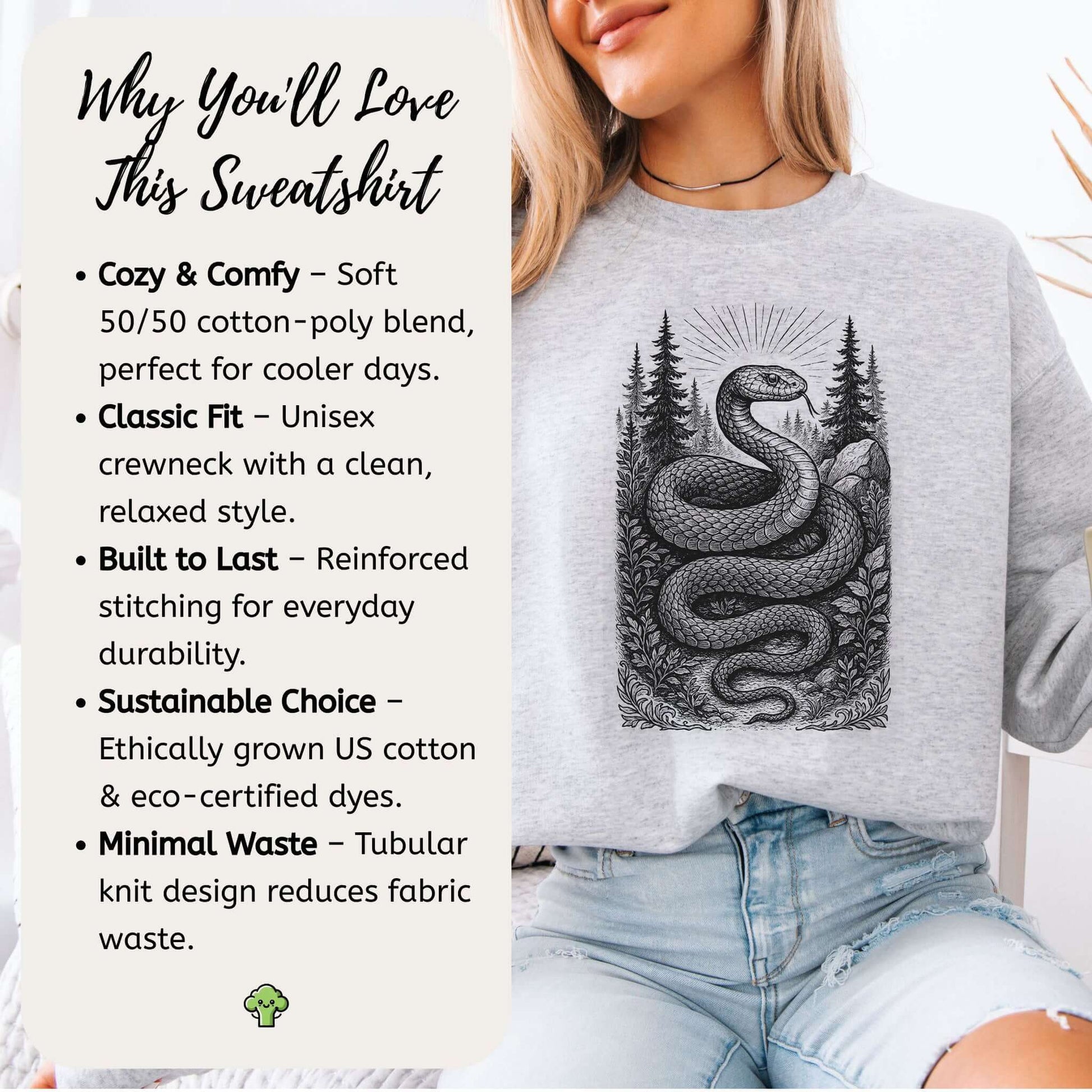 Serpent Wisdom - Mystic Forest Snake Spirit Sweatshirt featuring a detailed snake design amidst forest scenery.