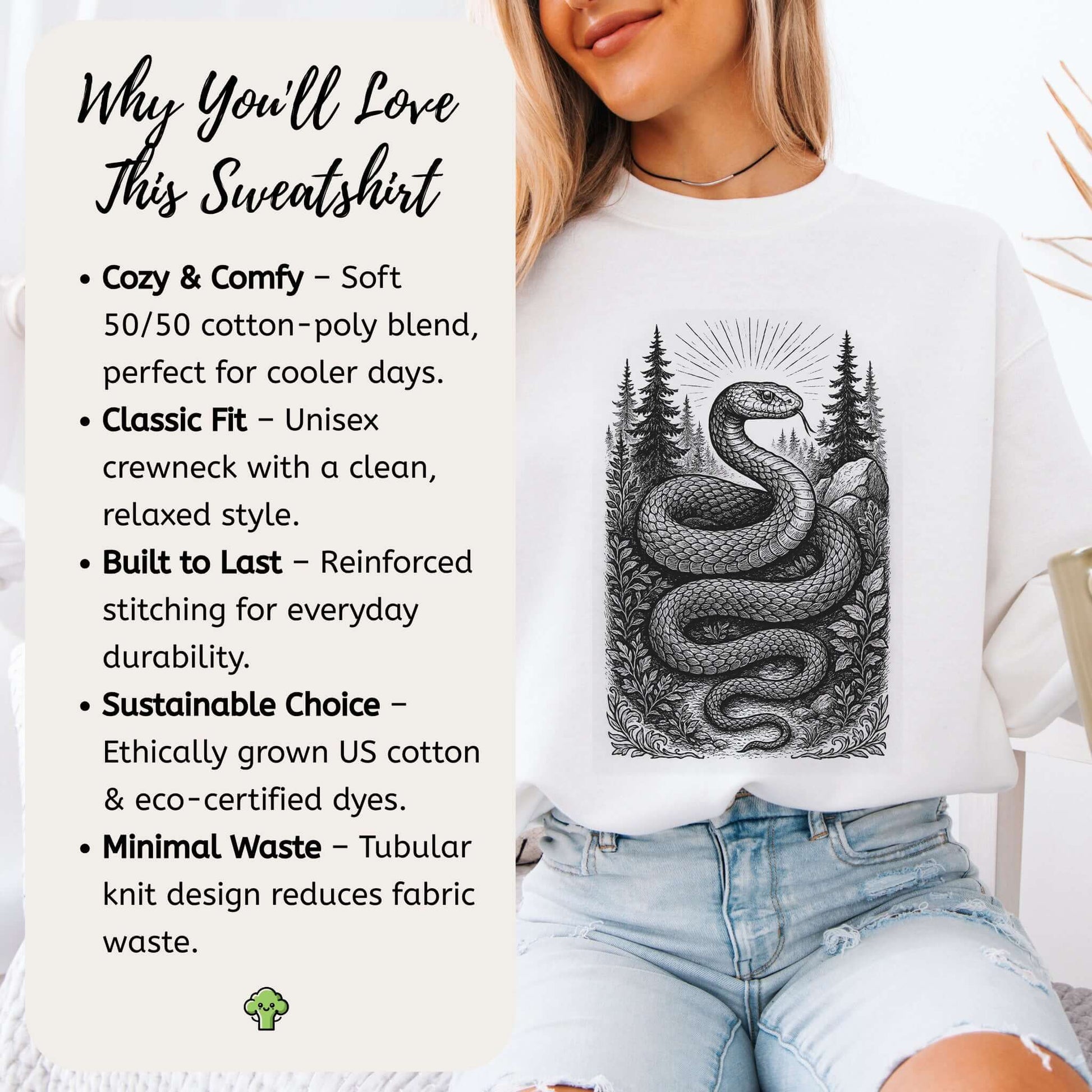 Serpent Wisdom Snake Spirit Sweatshirt featuring intricate snake design surrounded by forest elements, highlighting cozy and sustainable features.