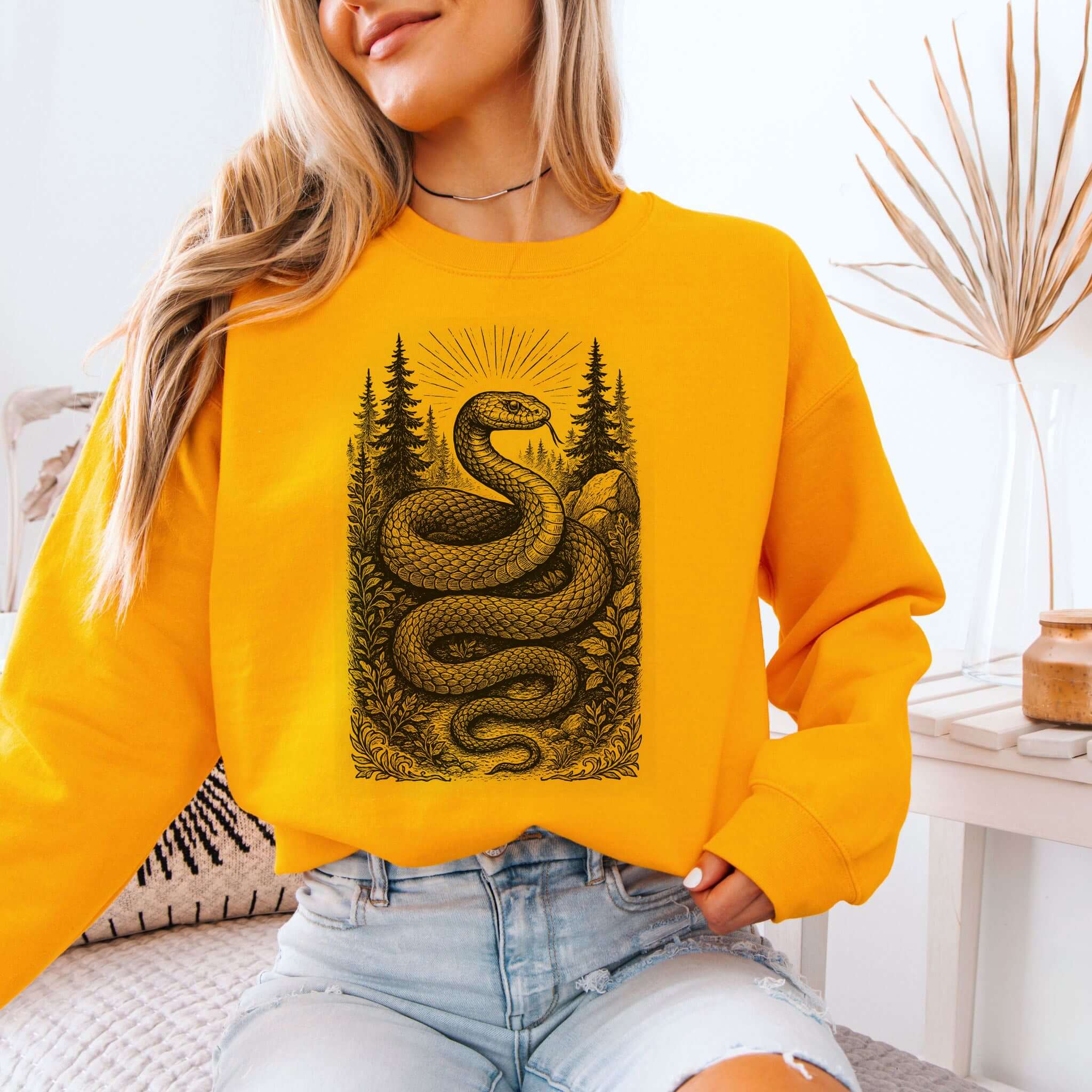 Serpent Wisdom Mystic Forest Snake Spirit Sweatshirt in vibrant yellow, featuring a detailed snake design in a lush forest.