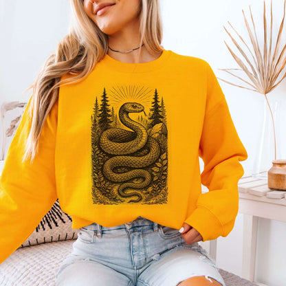 Serpent Wisdom Mystic Forest Snake Spirit Sweatshirt in vibrant yellow, featuring a detailed snake design in a lush forest.
